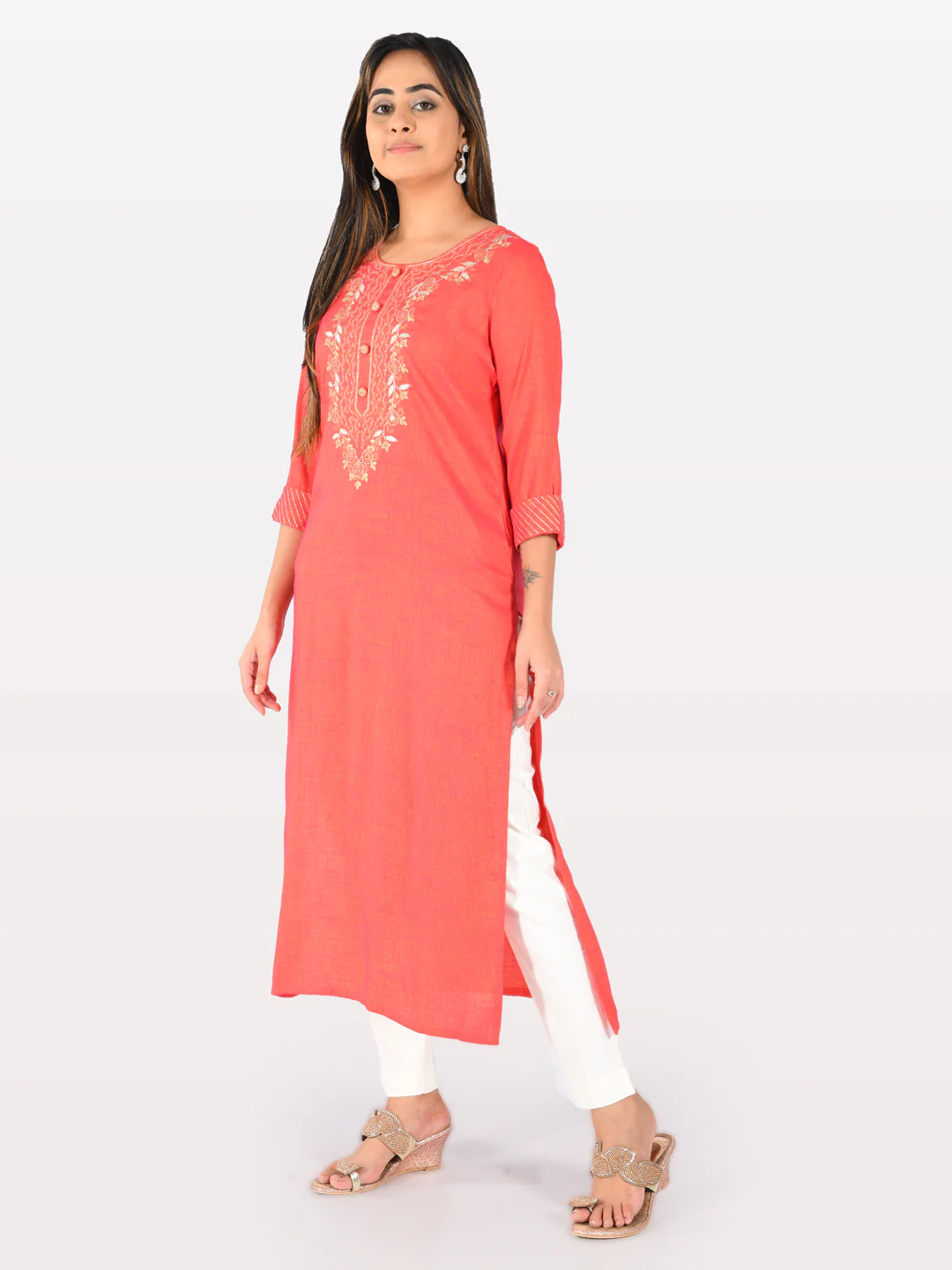 Neerus Women Tomato Color Slub Rayon Fabric Tunic "48" - Image 4