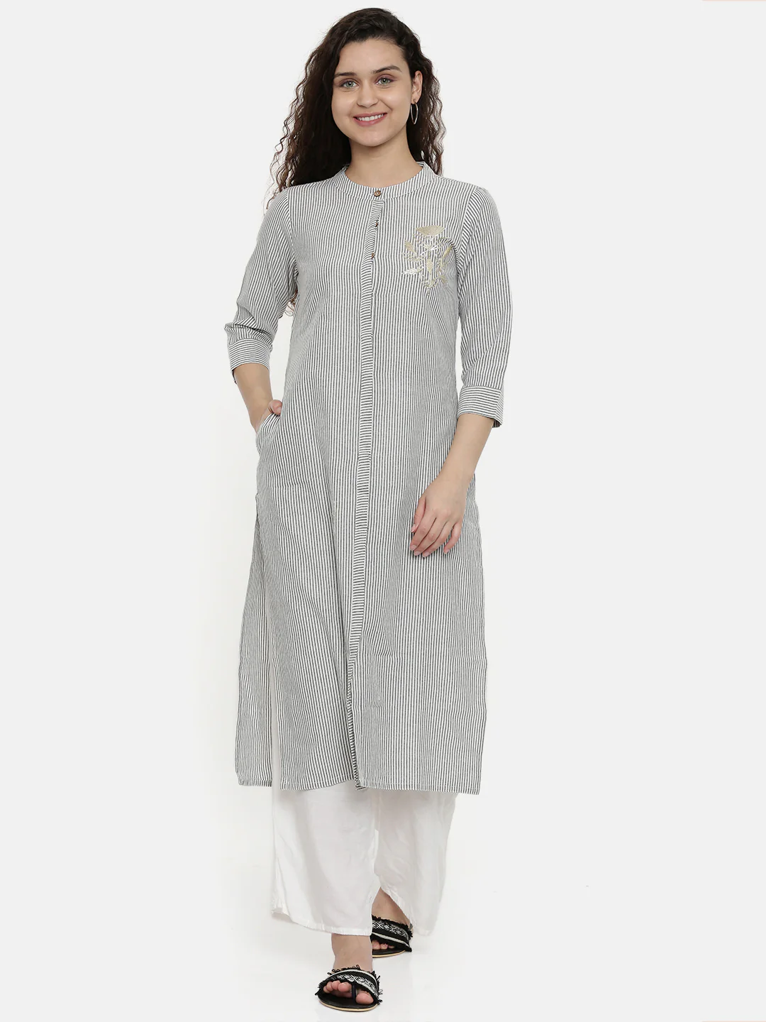 Neerus Women White Black Striped A-Line Kurta