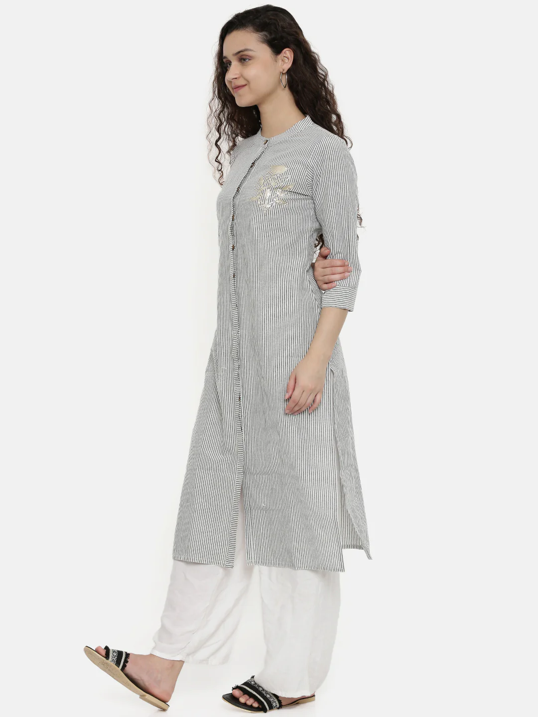Neerus Women White Black Striped A-Line Kurta - Image 3
