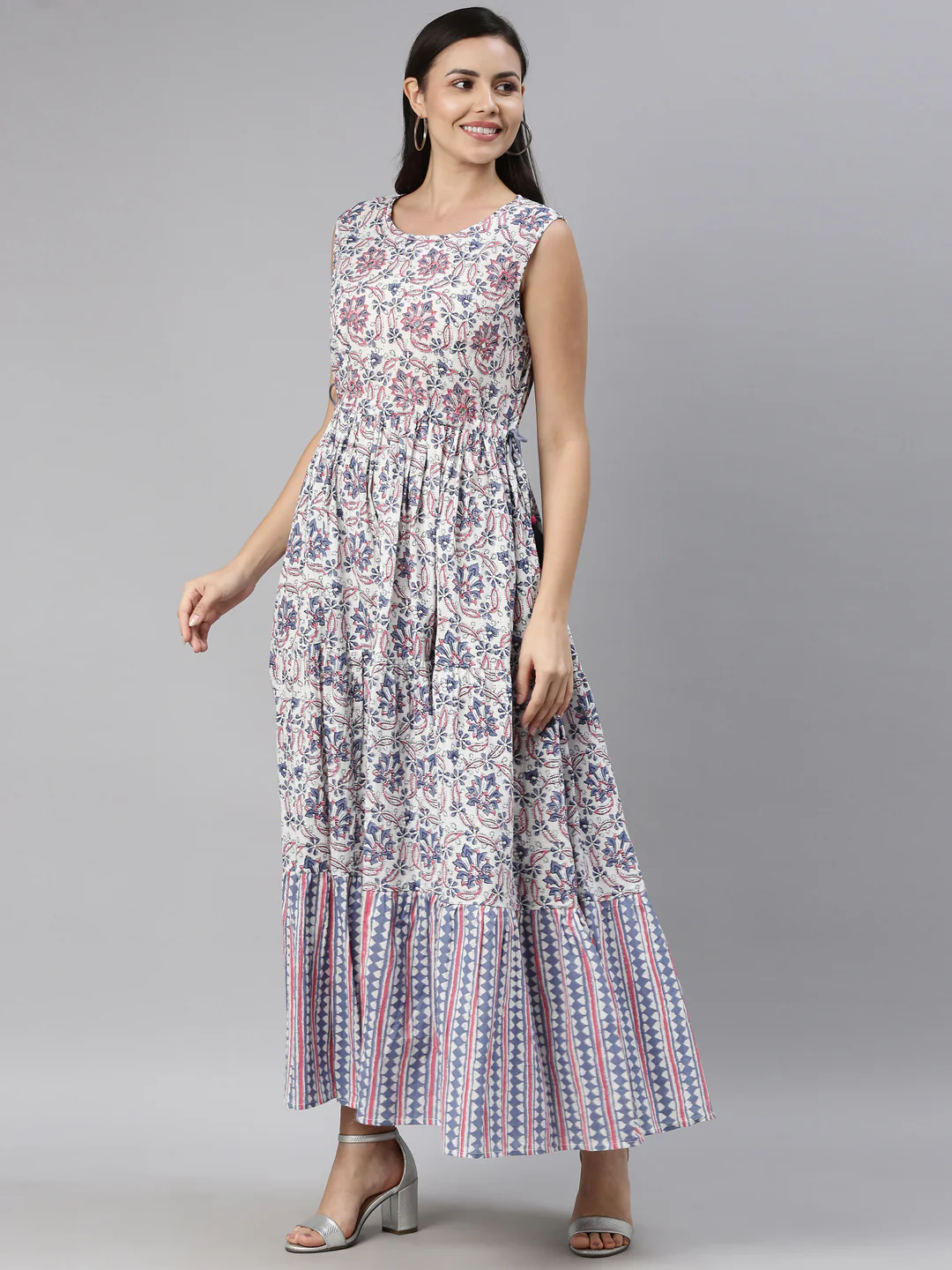Neerus Women White  Blue Floral Printed Cotton Anarkali Kurta - Image 2