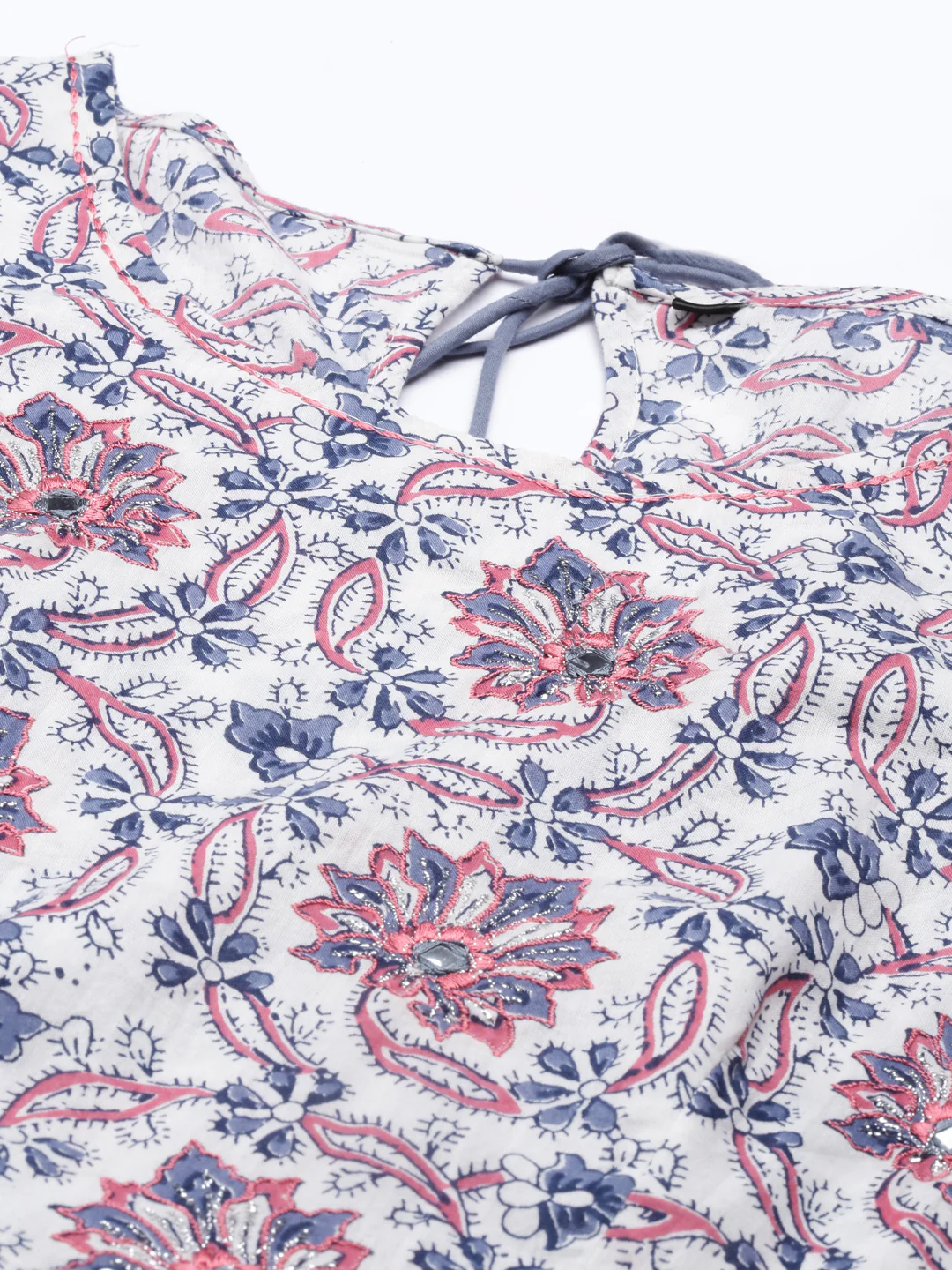 Neerus Women White  Blue Floral Printed Cotton Anarkali Kurta - Image 6