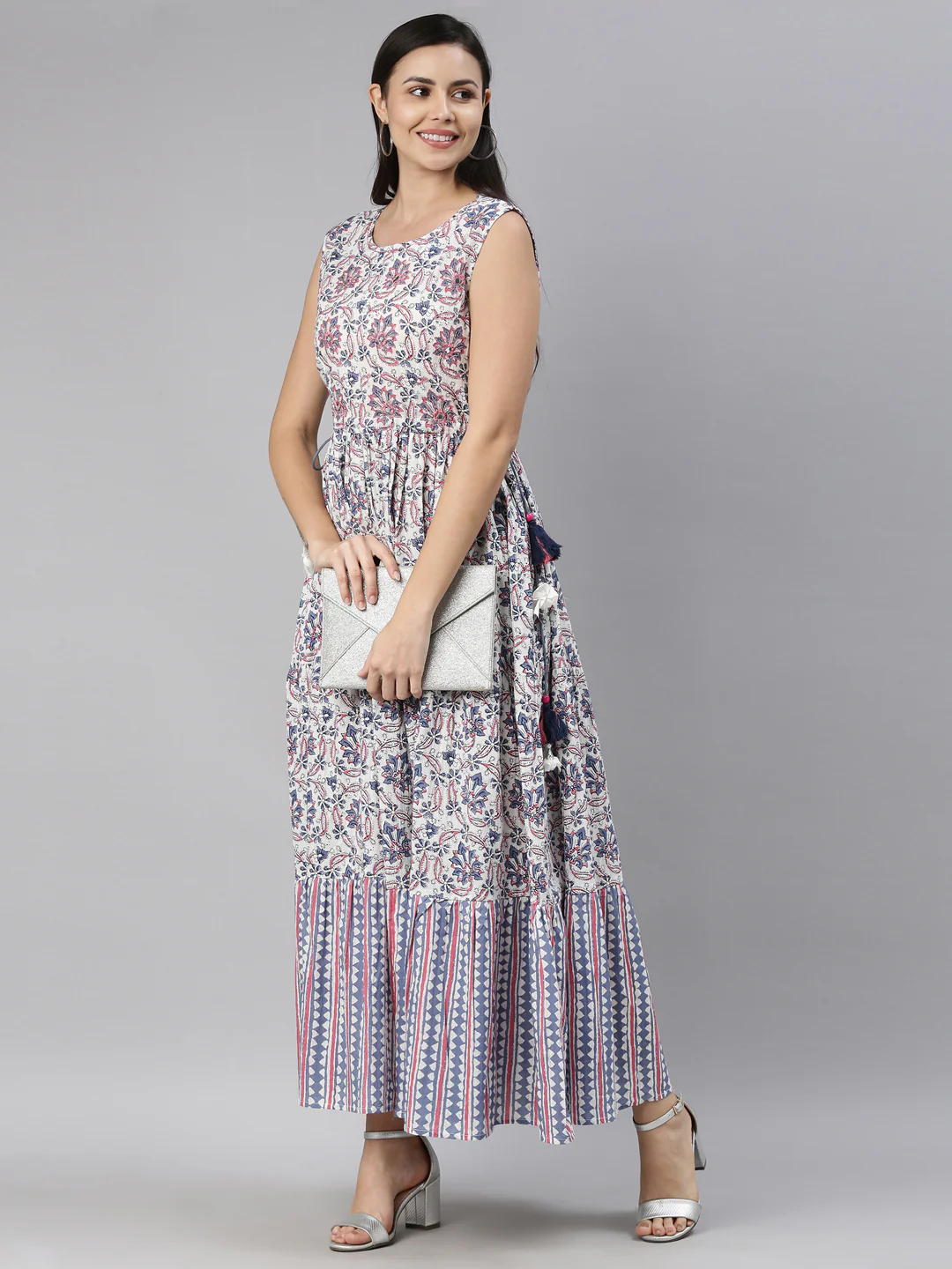 Neerus Women White  Blue Floral Printed Cotton Anarkali Kurta - Image 7