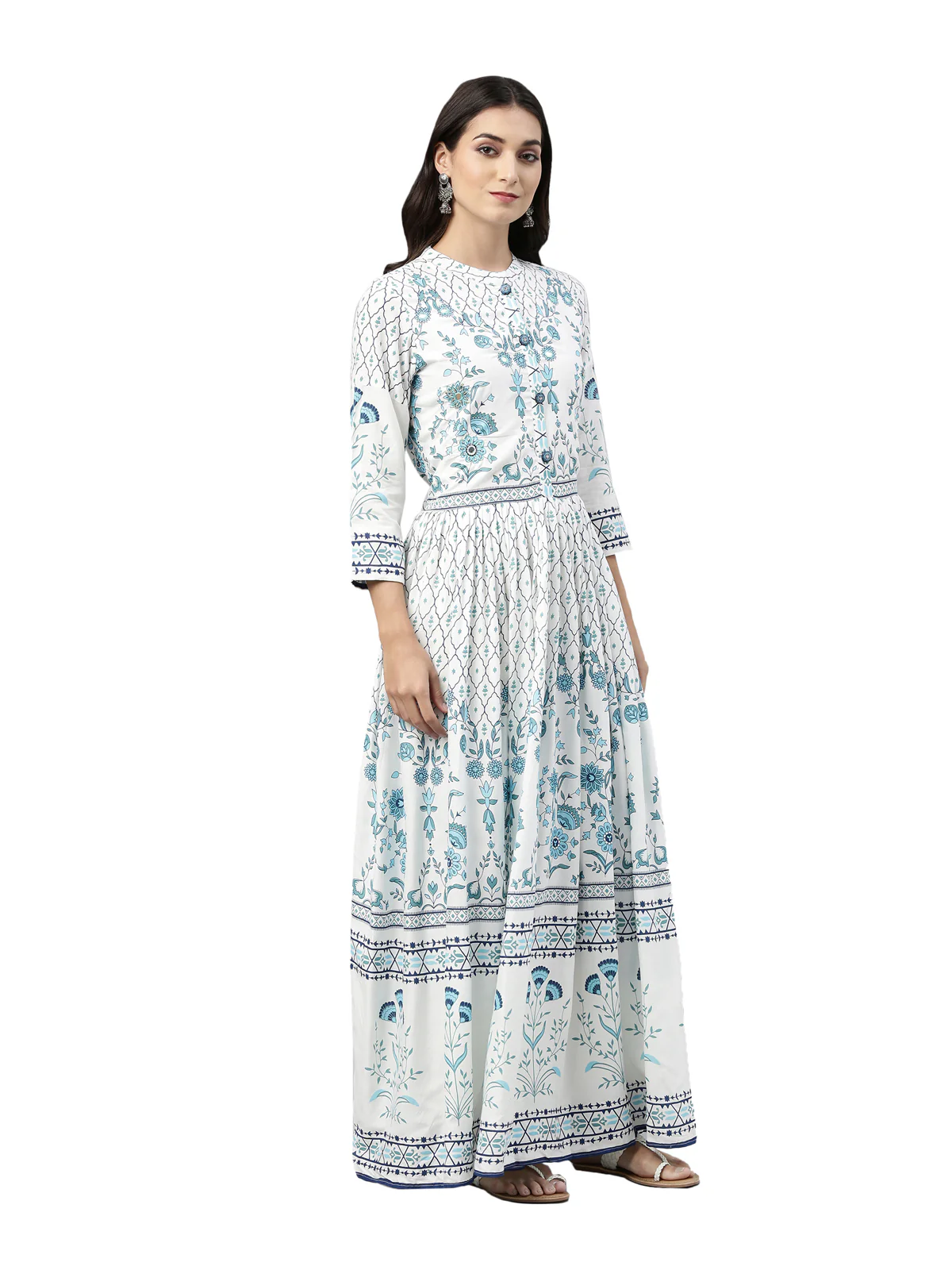 Neerus Women White  Blue Floral Printed Mirror Work Anarkali Kurta - Image 3