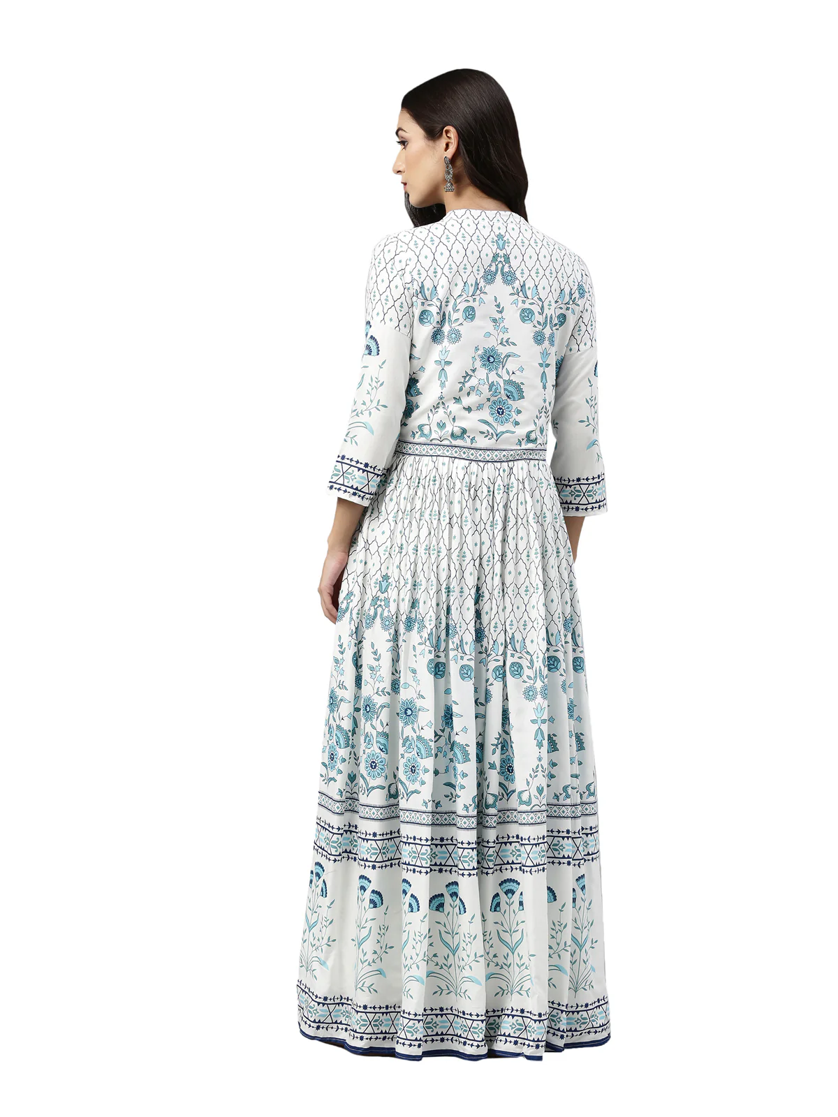 Neerus Women White  Blue Floral Printed Mirror Work Anarkali Kurta - Image 4