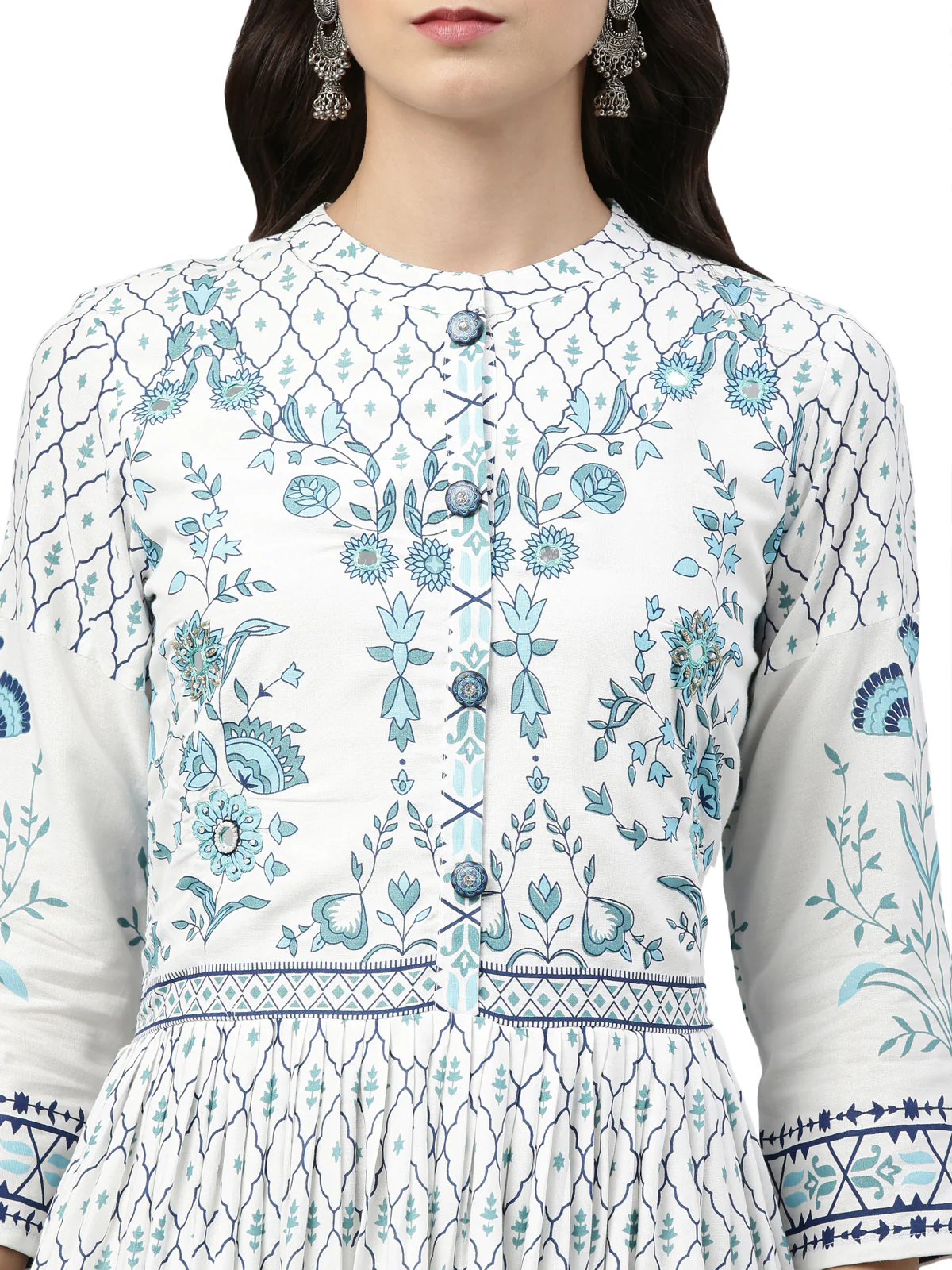 Neerus Women White  Blue Floral Printed Mirror Work Anarkali Kurta - Image 5