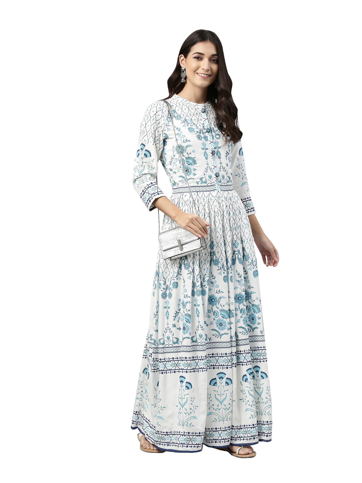 Neerus Women White  Blue Floral Printed Mirror Work Anarkali Kurta - Image 6