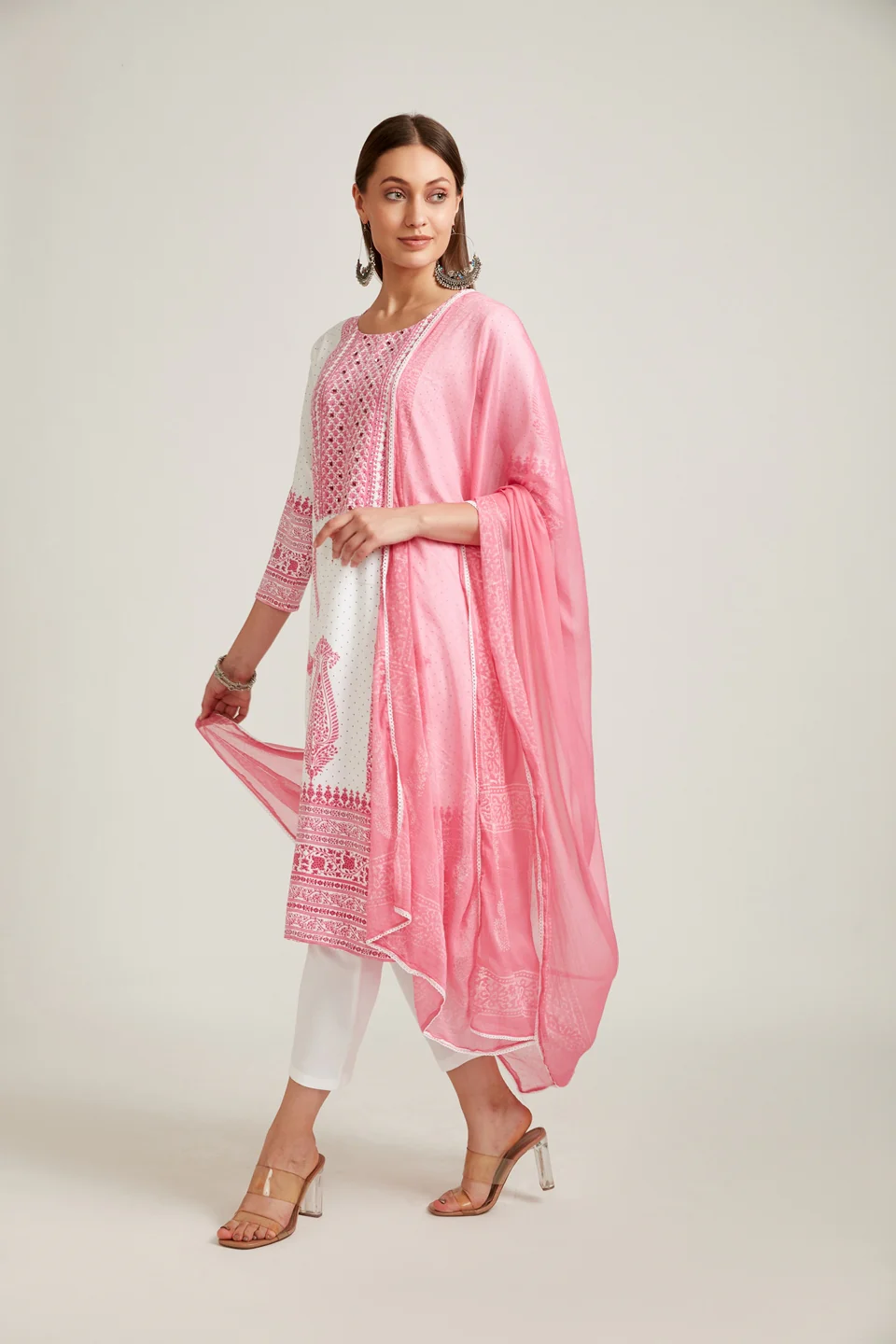Neerus Women White Ethnic Motifs Printed Kurta with Trousers With Dupatta - Image 5