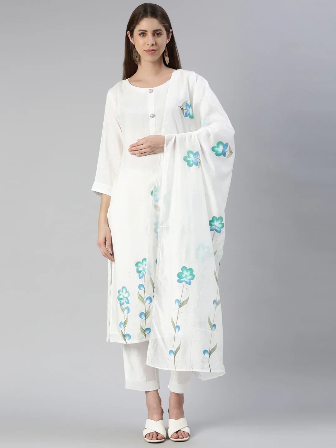 Neerus Women White Printed Calf Length Kurta And Trousers With Dupatta