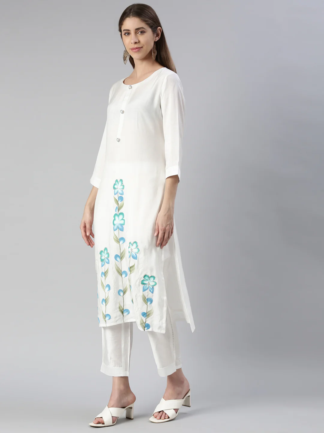 Neerus Women White Printed Calf Length Kurta And Trousers With Dupatta - Image 2