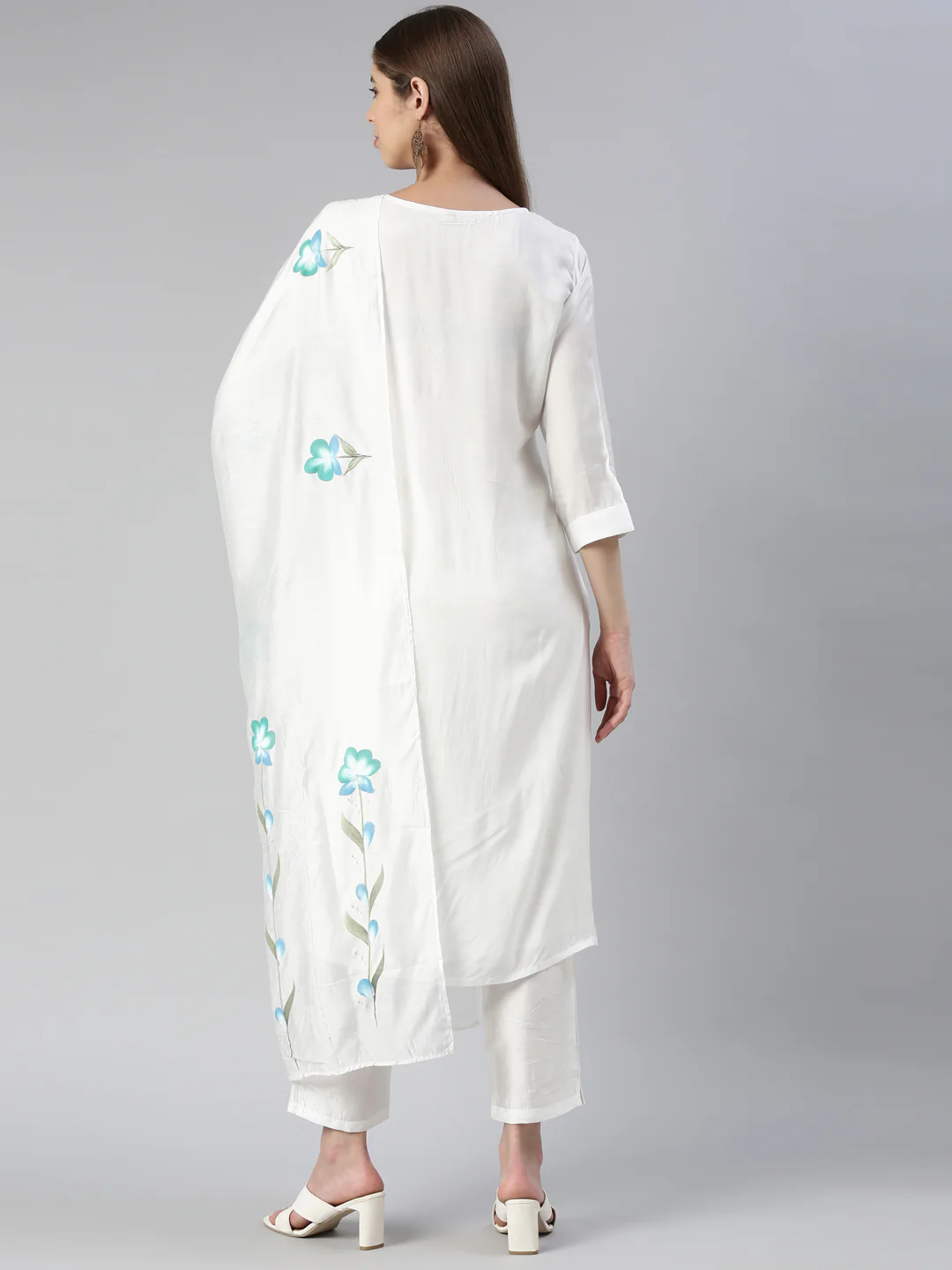 Neerus Women White Printed Calf Length Kurta And Trousers With Dupatta - Image 3