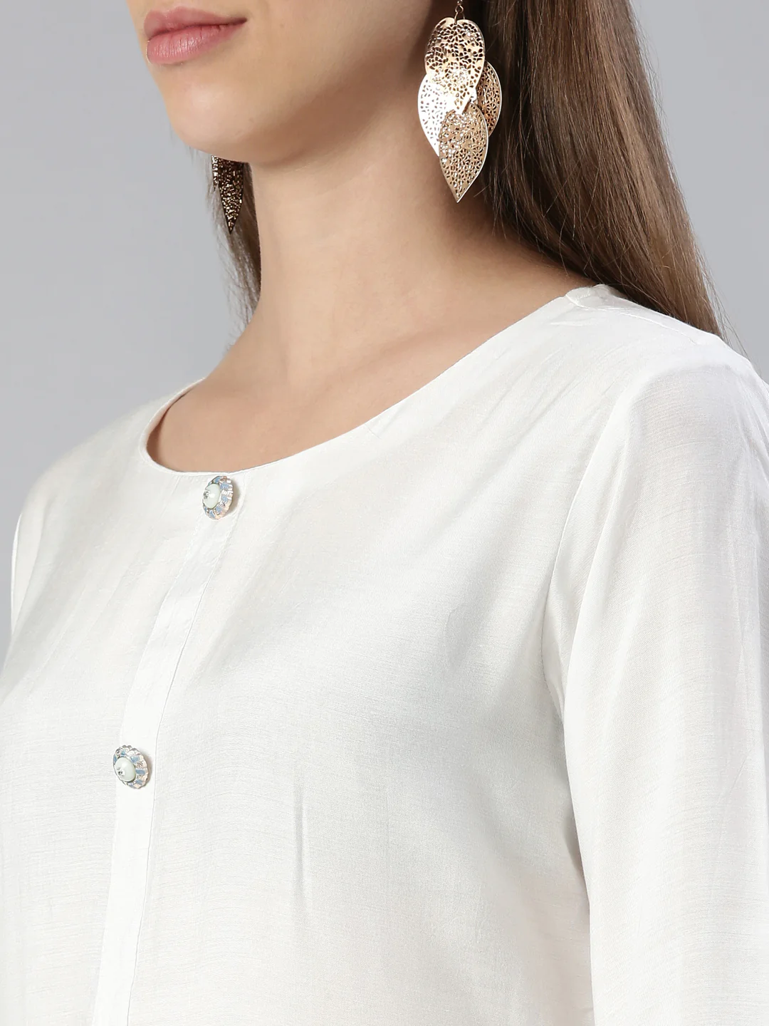 Neerus Women White Printed Calf Length Kurta And Trousers With Dupatta - Image 4