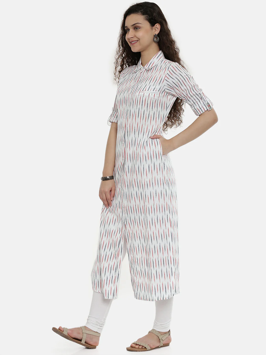 Neerus Women White Red Woven Design Straight Fusion Kurta - Image 2