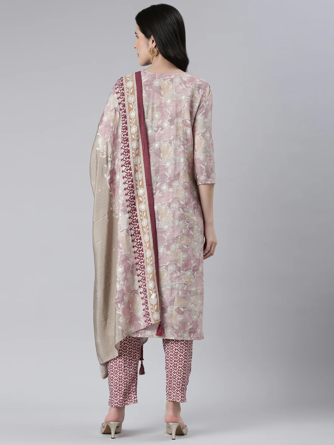 Neerus Women Wine Printed Calf Length Kurta And Trousers With Dupatta - Image 3