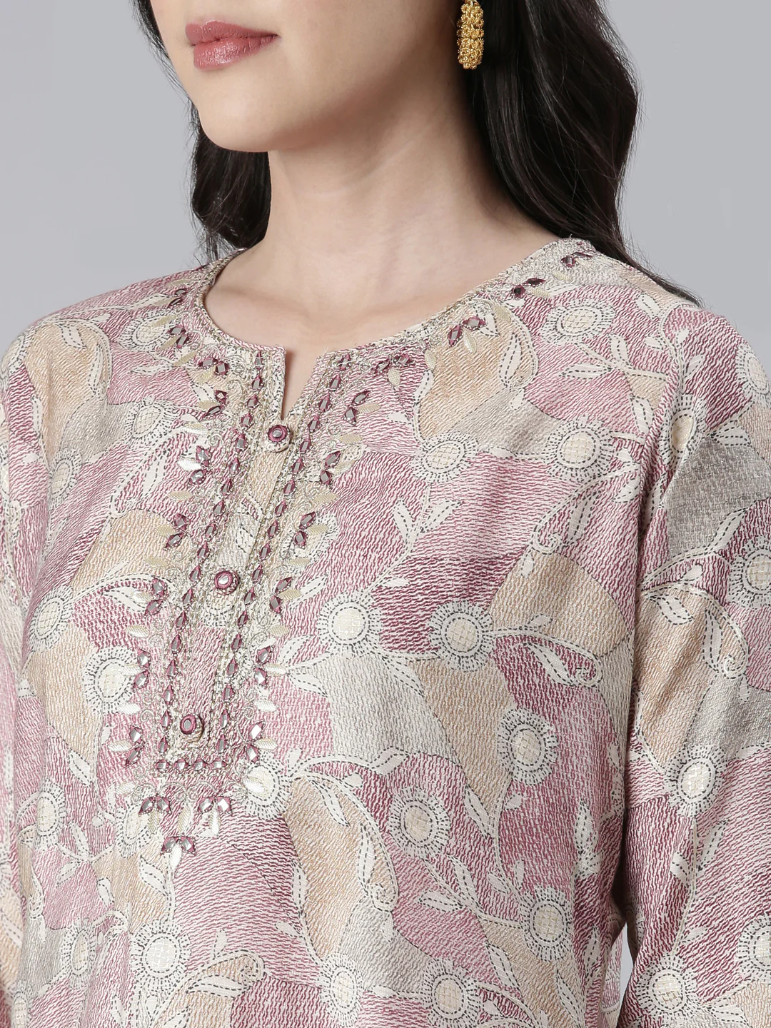 Neerus Women Wine Printed Calf Length Kurta And Trousers With Dupatta - Image 4