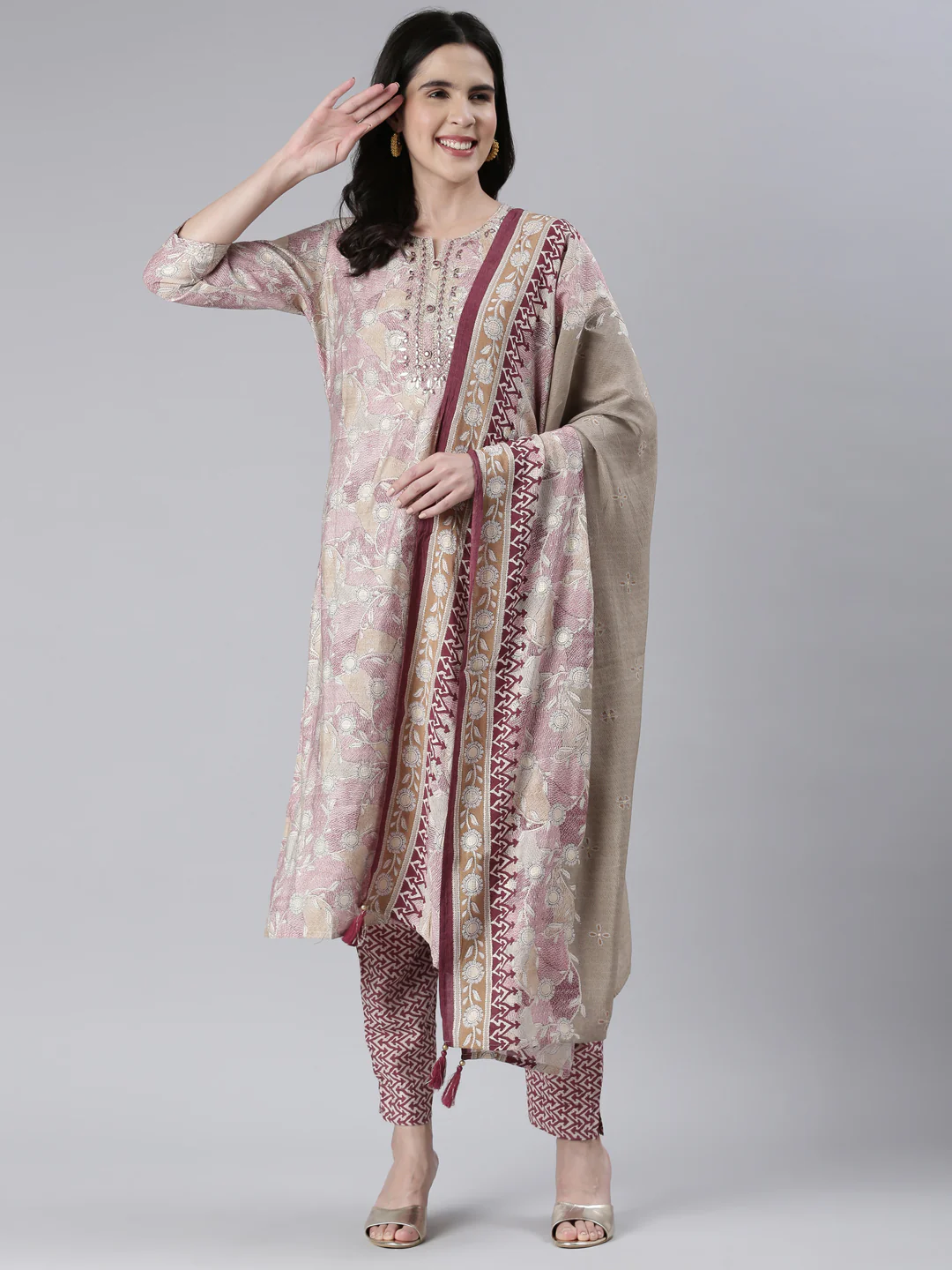 Neerus Women Wine Printed Calf Length Kurta And Trousers With Dupatta - Image 5