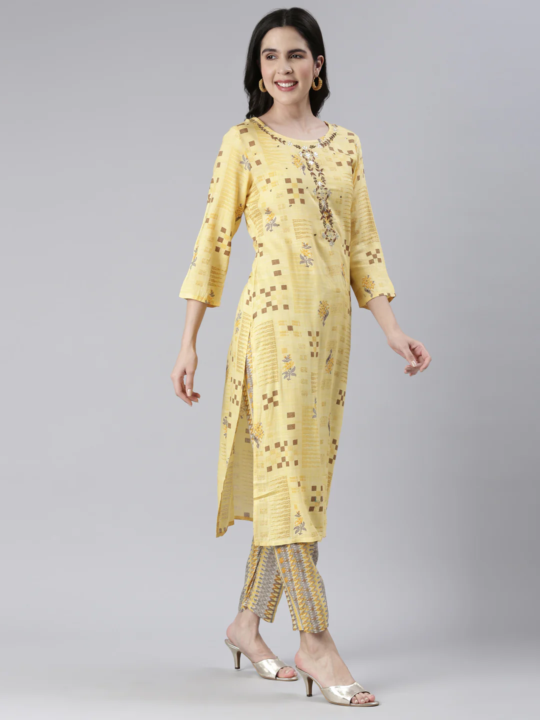 Neerus Women Yellow Embroidered Calf Length Kurta And Trousers - Image 2
