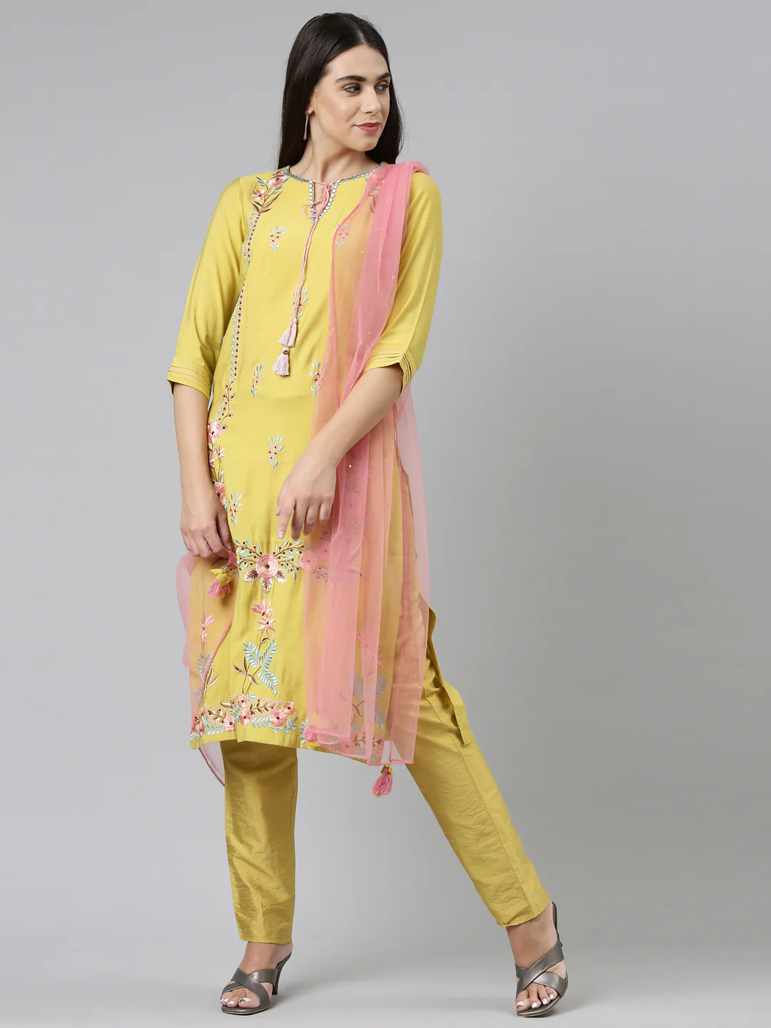 Neerus Women Yellow Embroidered Cotton Kurta with Trousers With Dupatta - Image 5