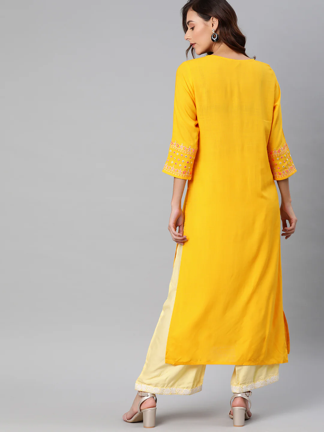 Neerus Women Yellow Embroidered Straight Kurta - Image 3