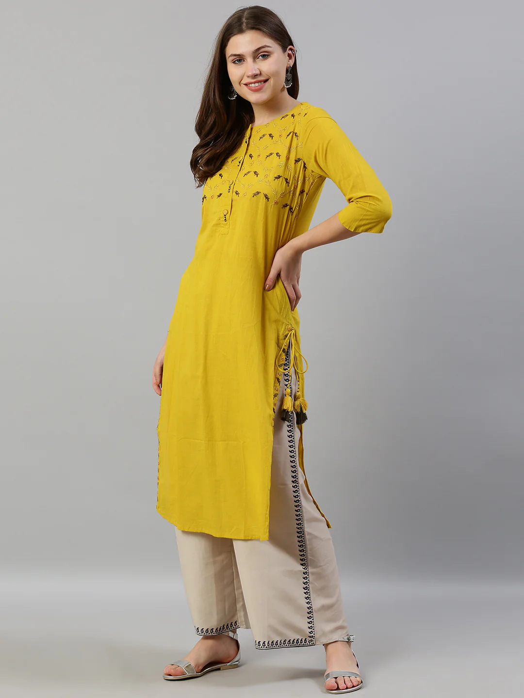 Neerus Women Yellow Embroidered Straight Kurta - Image 4