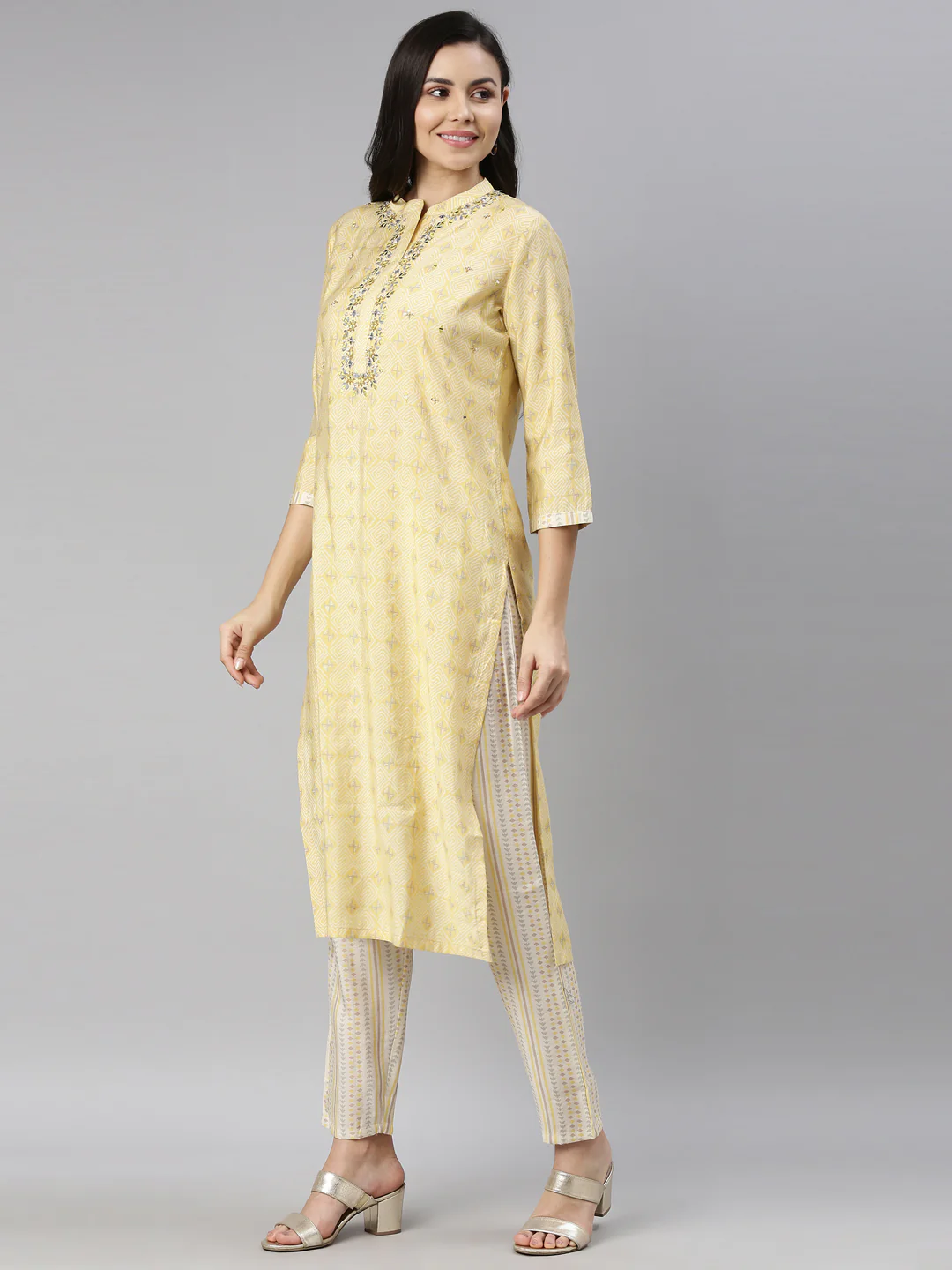 Neerus Women Yellow Ethnic Motifs Embroidered Mirror Work Kurta with Trousers - Image 2