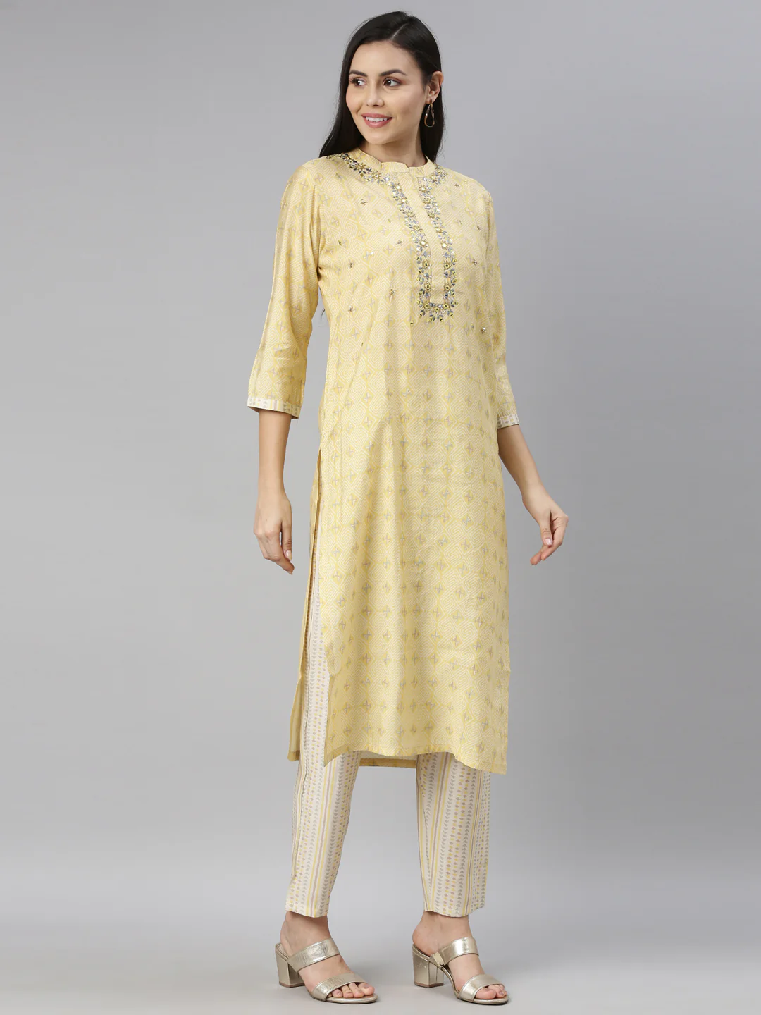 Neerus Women Yellow Ethnic Motifs Embroidered Mirror Work Kurta with Trousers - Image 3