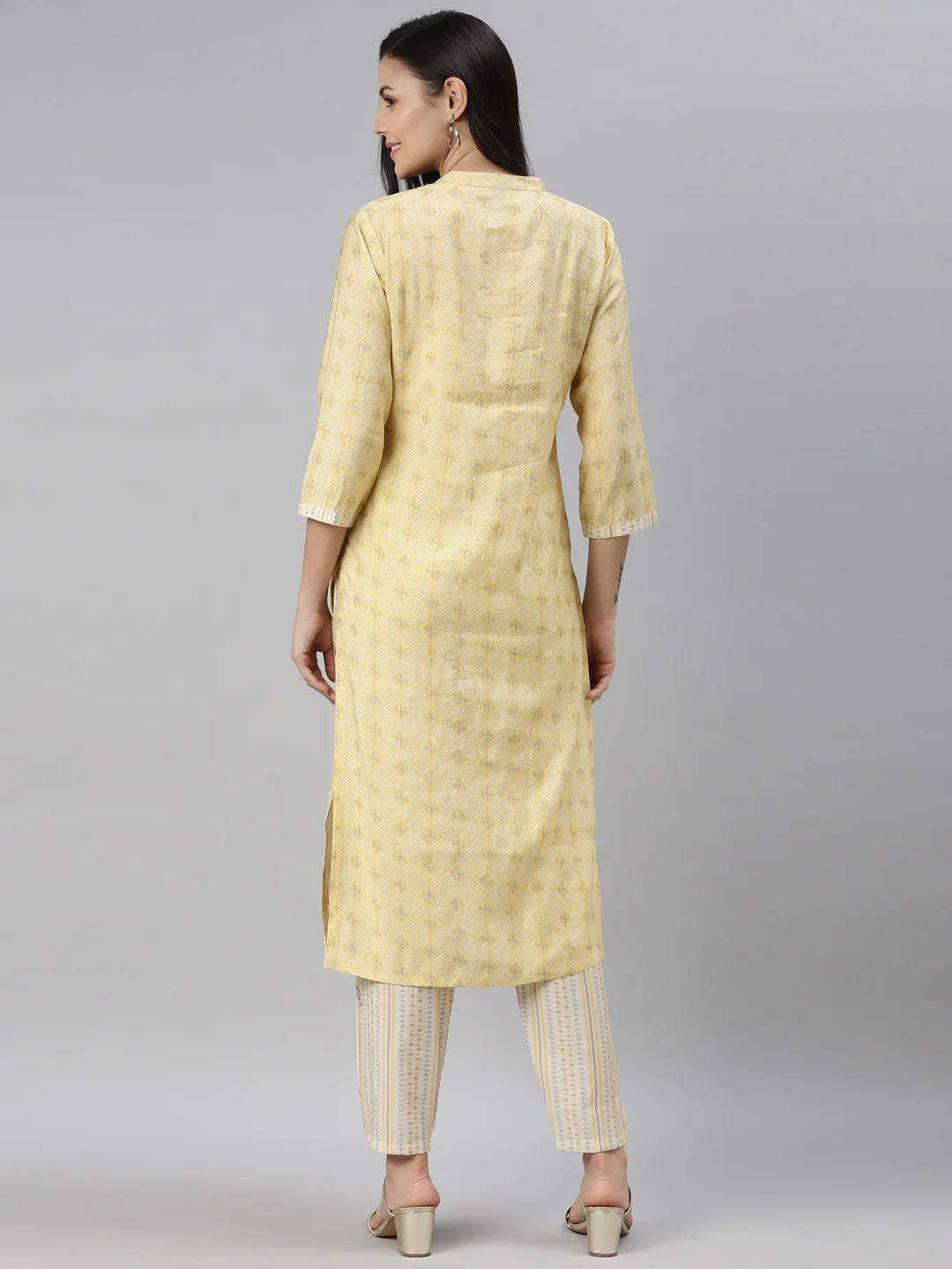 Neerus Women Yellow Ethnic Motifs Embroidered Mirror Work Kurta with Trousers - Image 4
