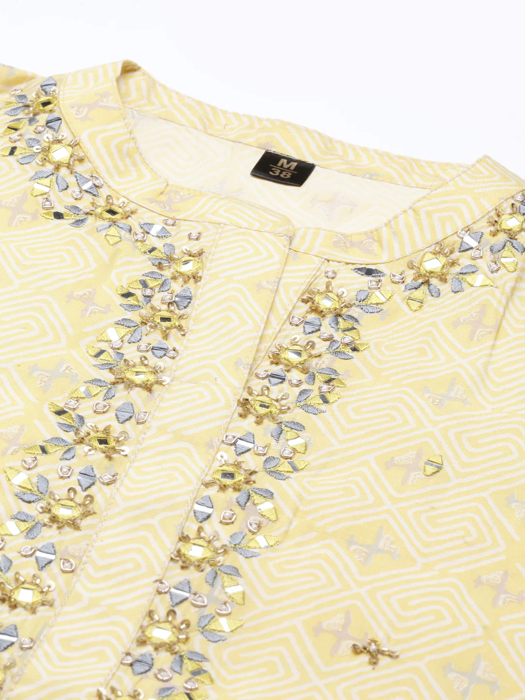 Neerus Women Yellow Ethnic Motifs Embroidered Mirror Work Kurta with Trousers - Image 5