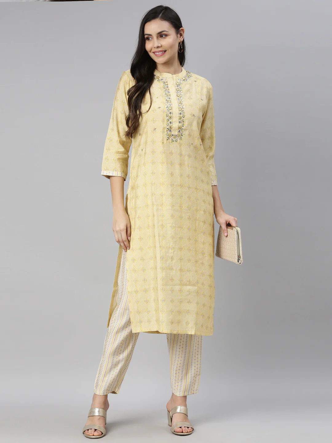 Neerus Women Yellow Ethnic Motifs Embroidered Mirror Work Kurta with Trousers - Image 6
