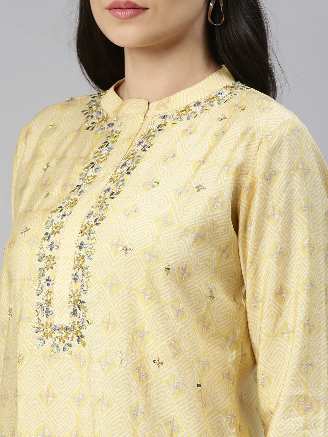 Neerus Women Yellow Ethnic Motifs Embroidered Mirror Work Kurta with Trousers - Image 8