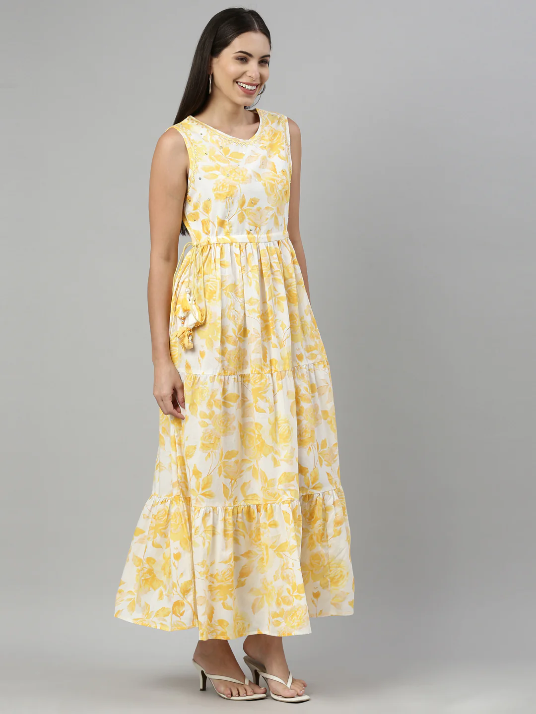 Neerus Women Yellow Floral Printed Mirror Work Anarkali Kurta - Image 2