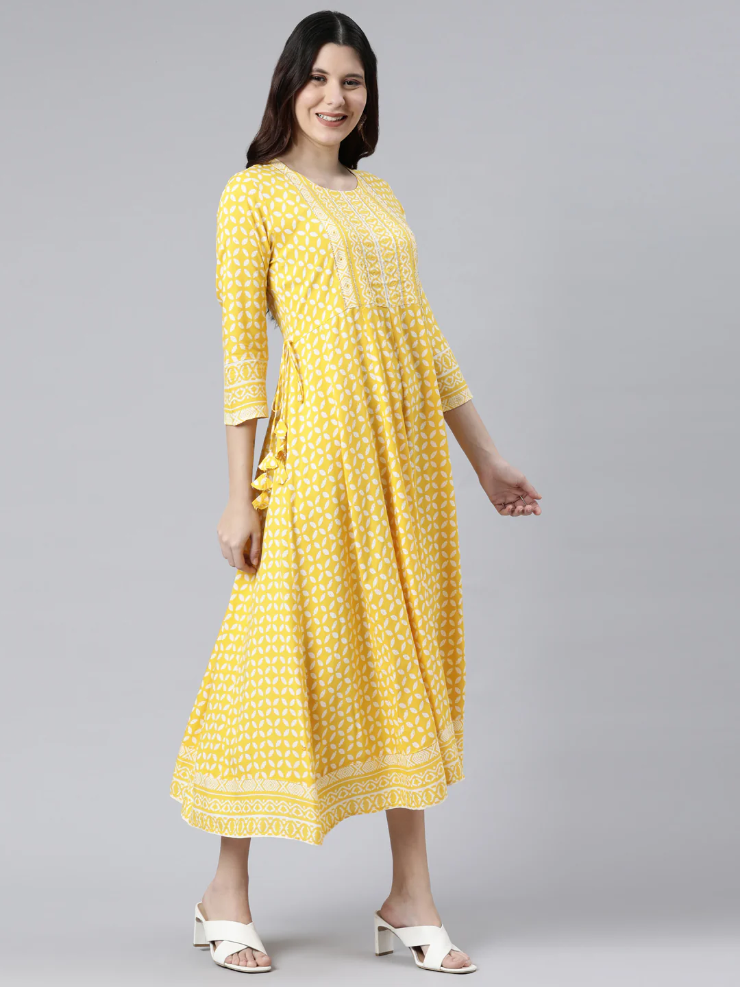 Neerus Women Yellow Geometric Printed Anarkali Kurta - Image 3