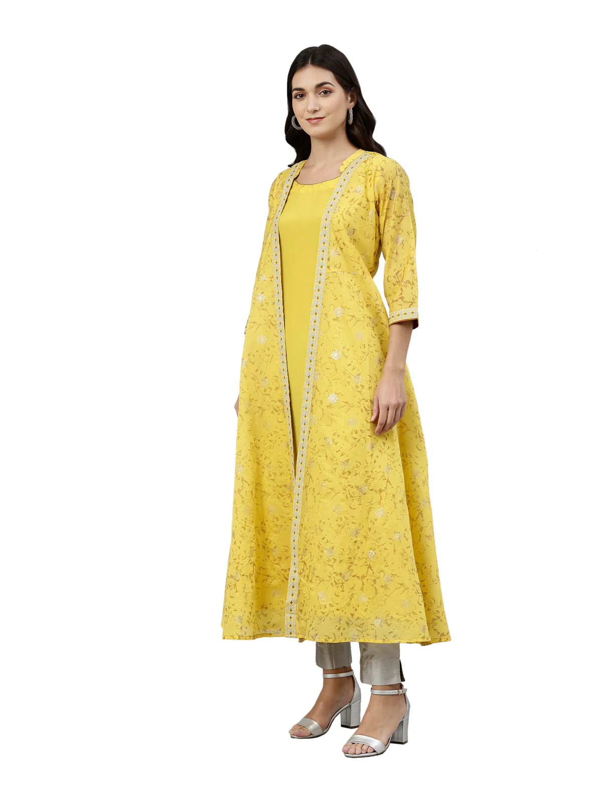 Neerus Women Yellow  Gold-Toned Printed Thread Work Anarkali Kurta - Image 2