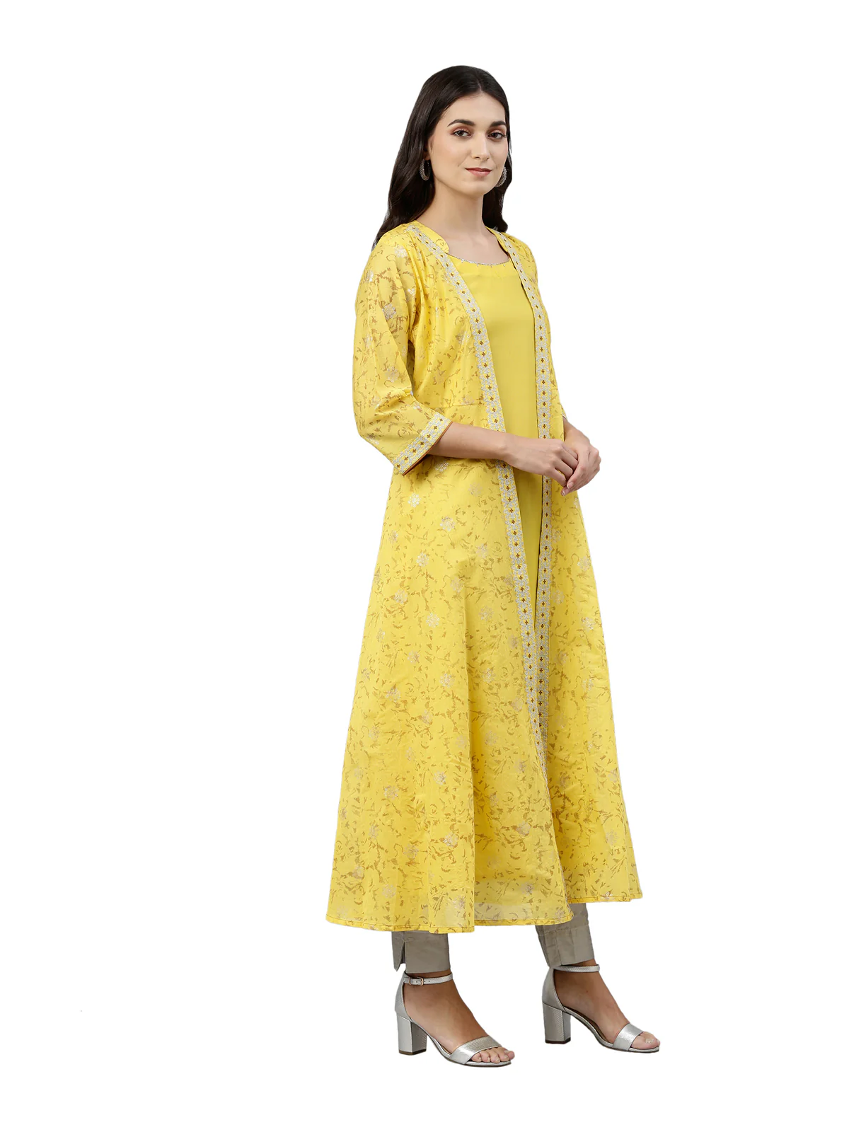 Neerus Women Yellow  Gold-Toned Printed Thread Work Anarkali Kurta - Image 3