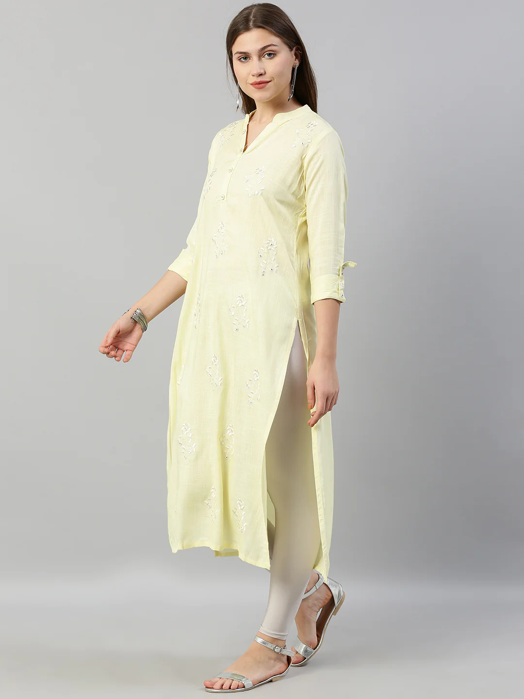 Neerus Women Yellow Off-White Embroidered Straight Kurta - Image 4