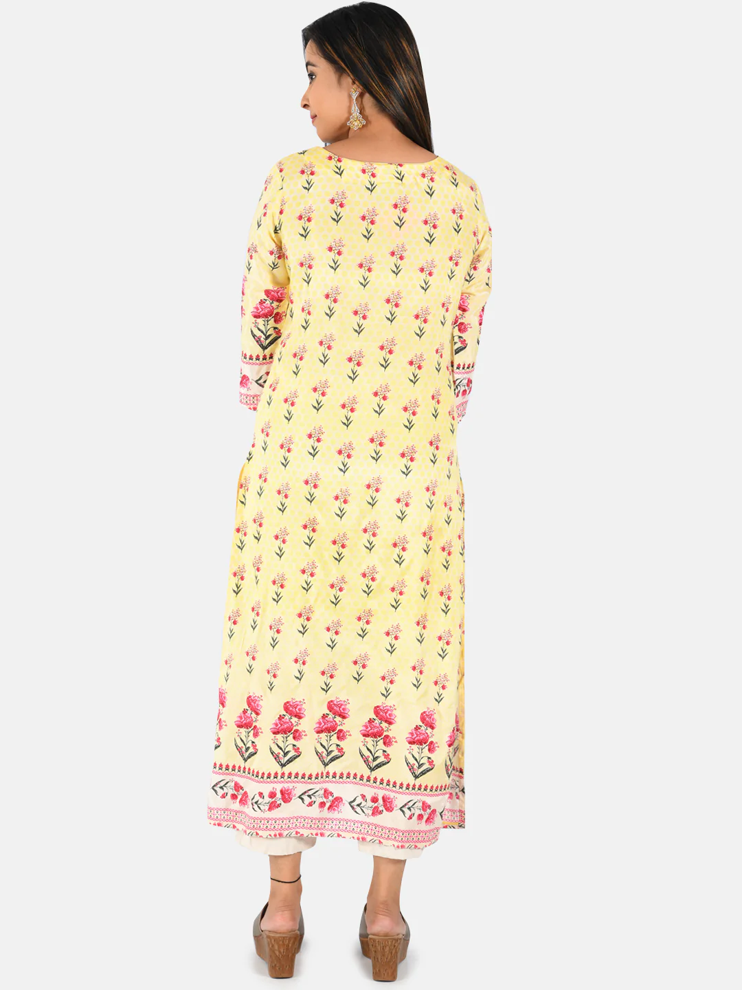 Neerus Women Yellow  Pink Floral Printed Straight Kurta - Image 3