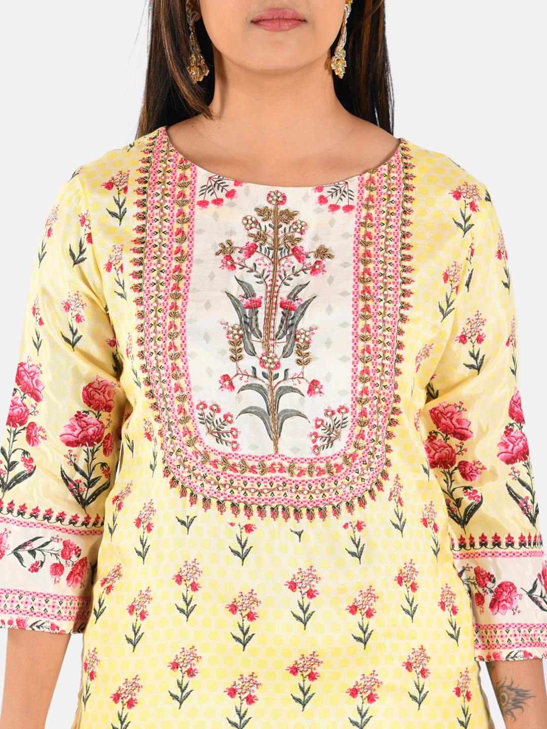 Neerus Women Yellow  Pink Floral Printed Straight Kurta - Image 4