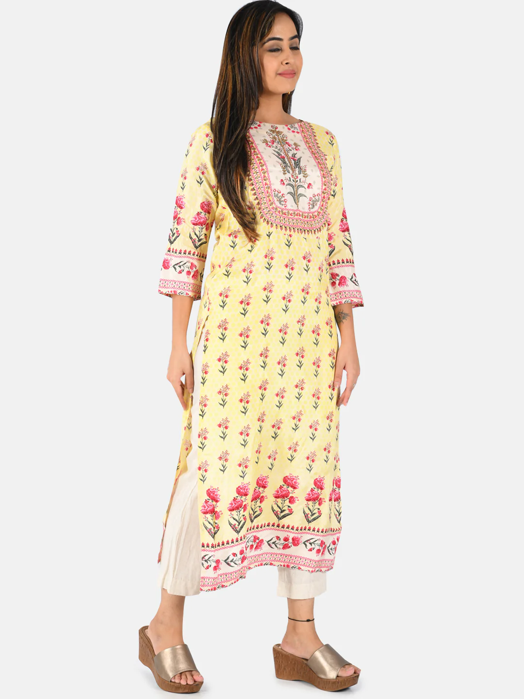 Neerus Women Yellow  Pink Floral Printed Straight Kurta - Image 5