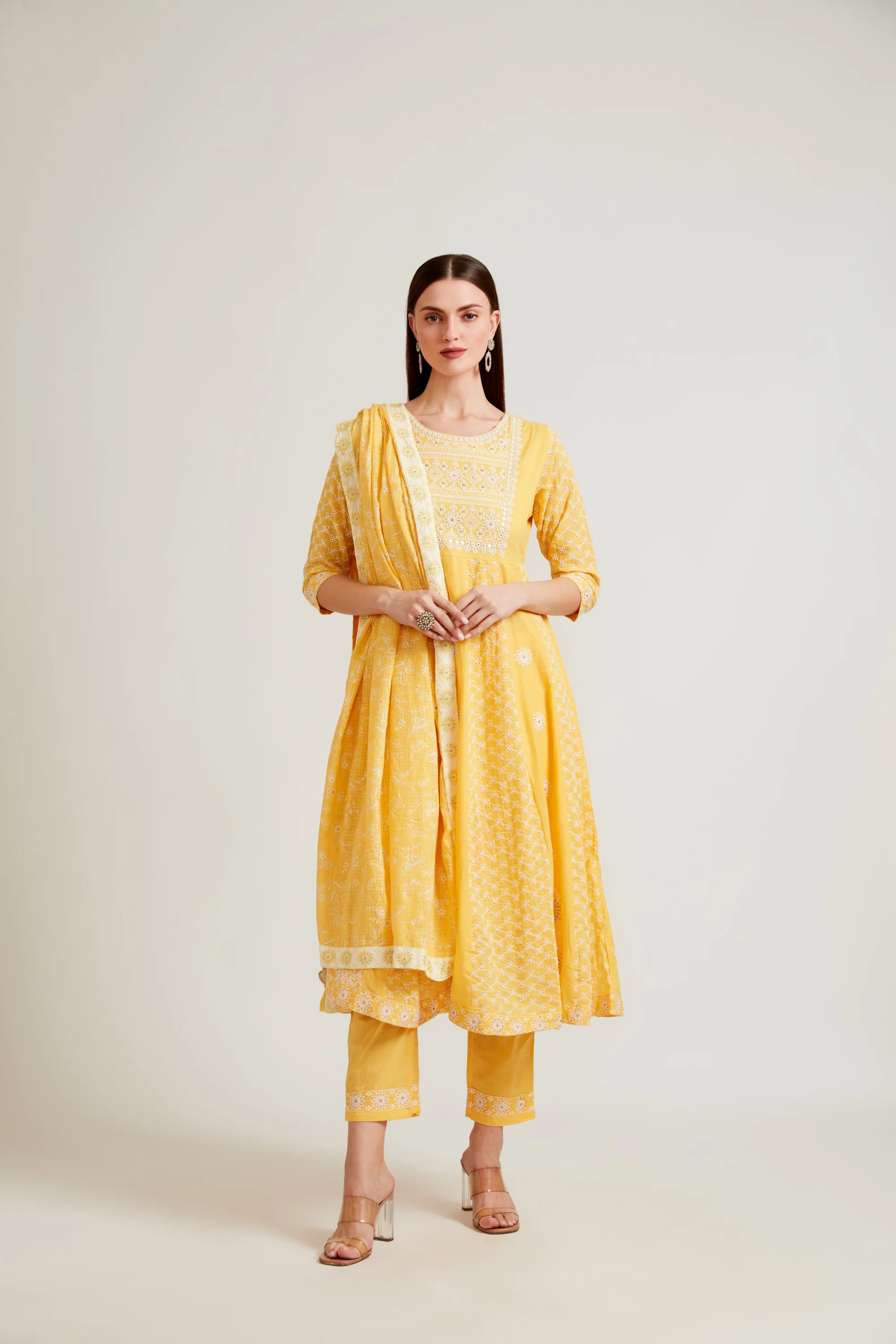 Neerus Women Yellow Printed Aari Work Kurta with Palazzos With Dupatta