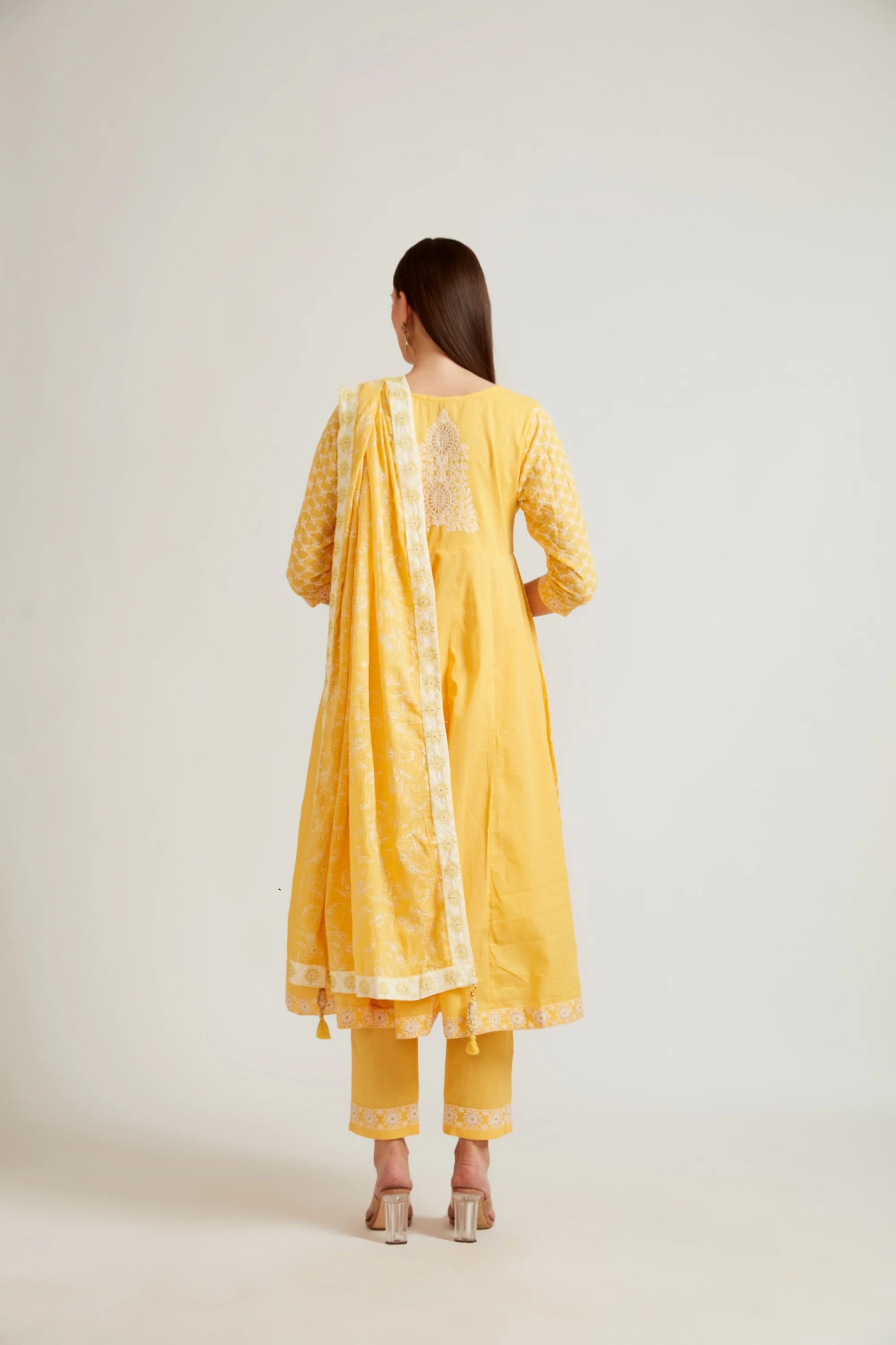 Neerus Women Yellow Printed Aari Work Kurta with Palazzos With Dupatta - Image 5