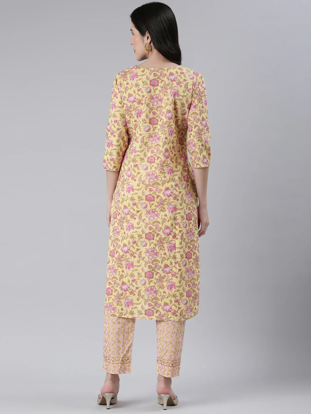 Neerus Women Yellow Printed Calf Length Kurta And Trousers - Image 3