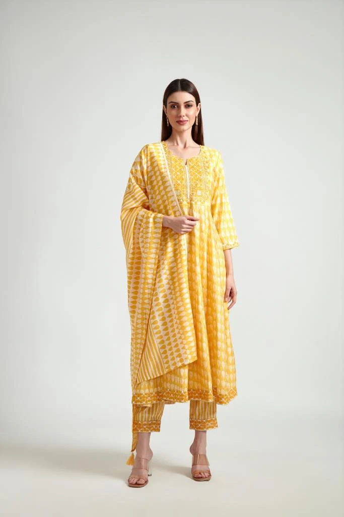 Neerus Women Yellow Printed Kurta with Trousers  Dupatta