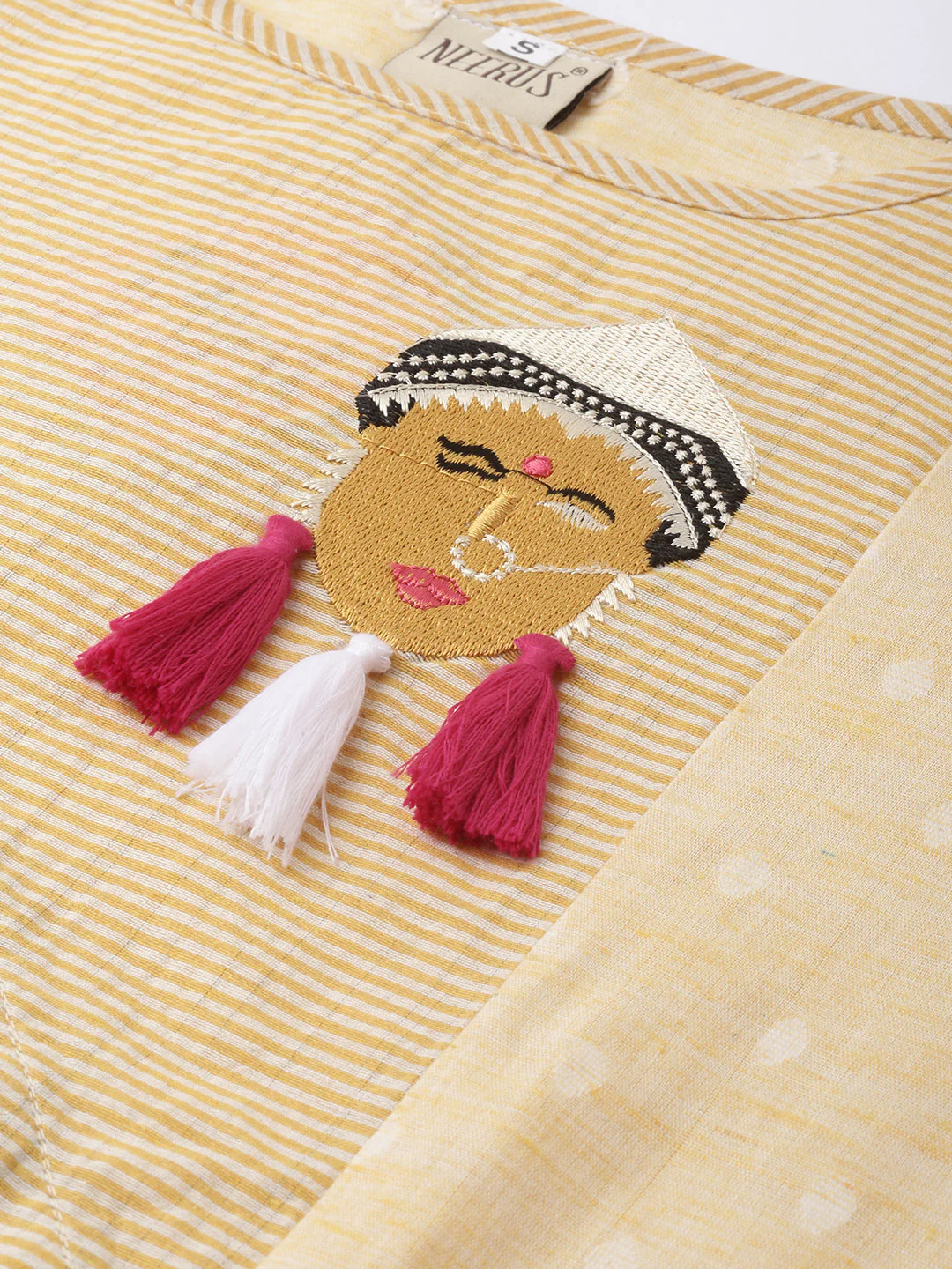 Neerus Women Yellow Striped Panelled A-Line Kurta With Embroidered Detailing - Image 3