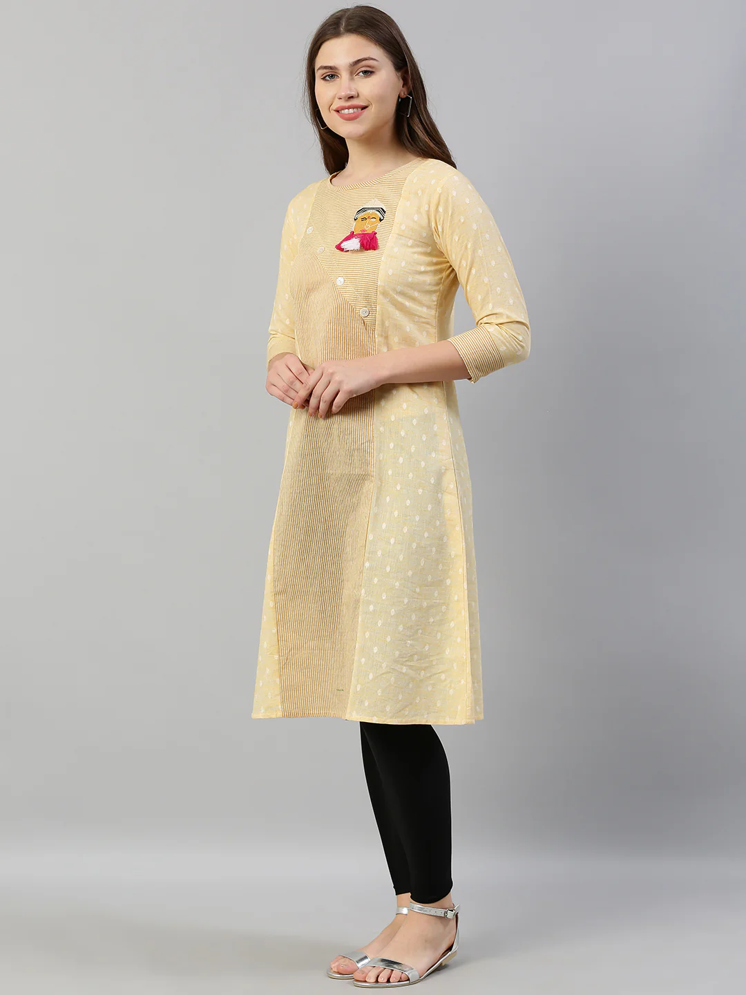 Neerus Women Yellow Striped Panelled A-Line Kurta With Embroidered Detailing - Image 5