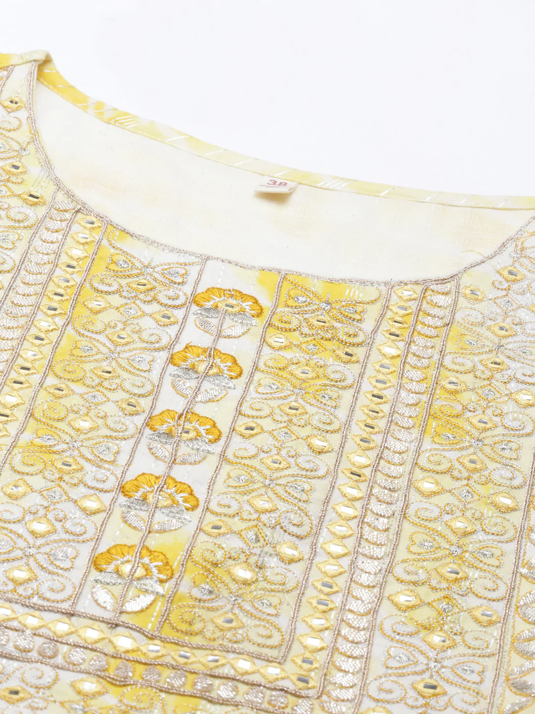 Neerus Women Yellow White Dyed Thread Work Satin Anarkali Kurta - Image 5