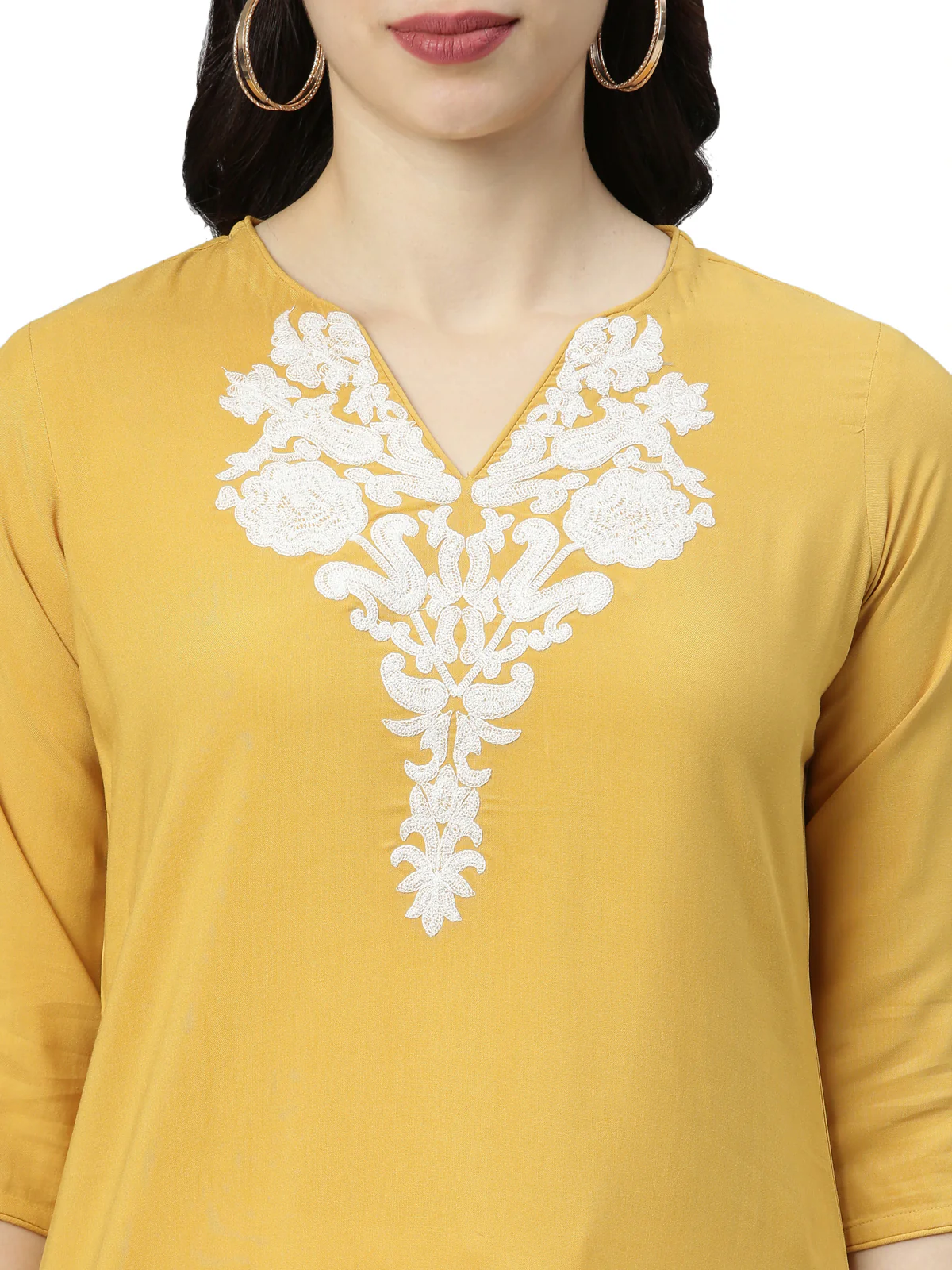 Neerus Women Yellow Yoke Design Thread Work Kurta - Image 2