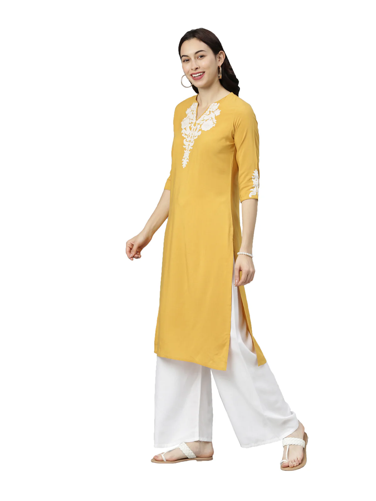 Neerus Women Yellow Yoke Design Thread Work Kurta - Image 3