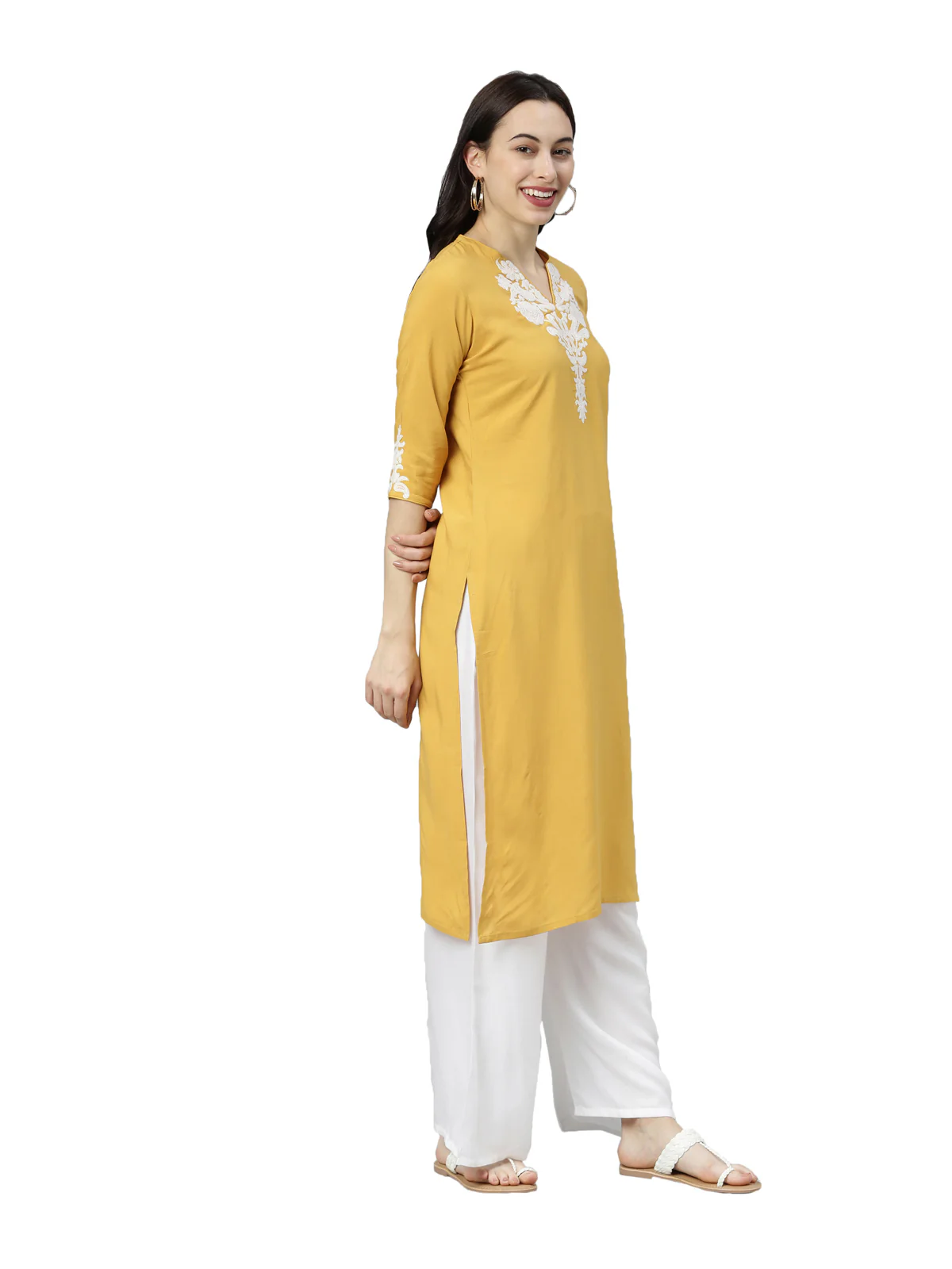 Neerus Women Yellow Yoke Design Thread Work Kurta - Image 4