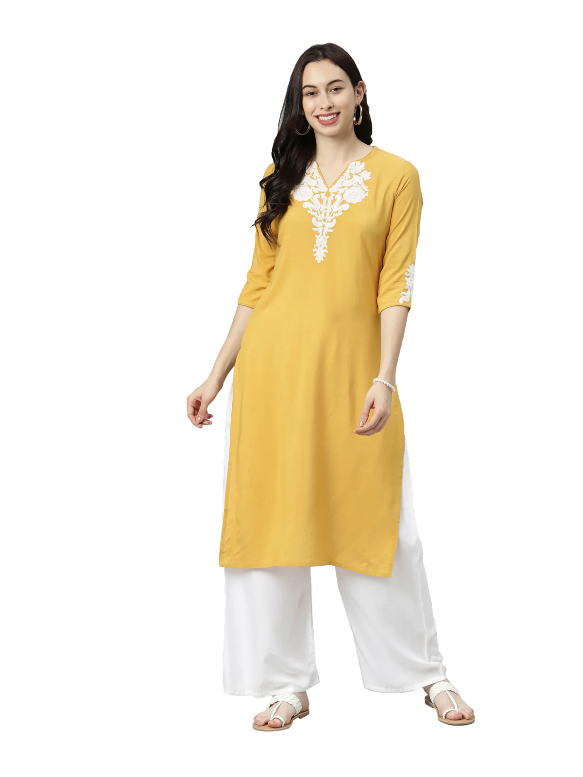 Neerus Women Yellow Yoke Design Thread Work Kurta - Image 6