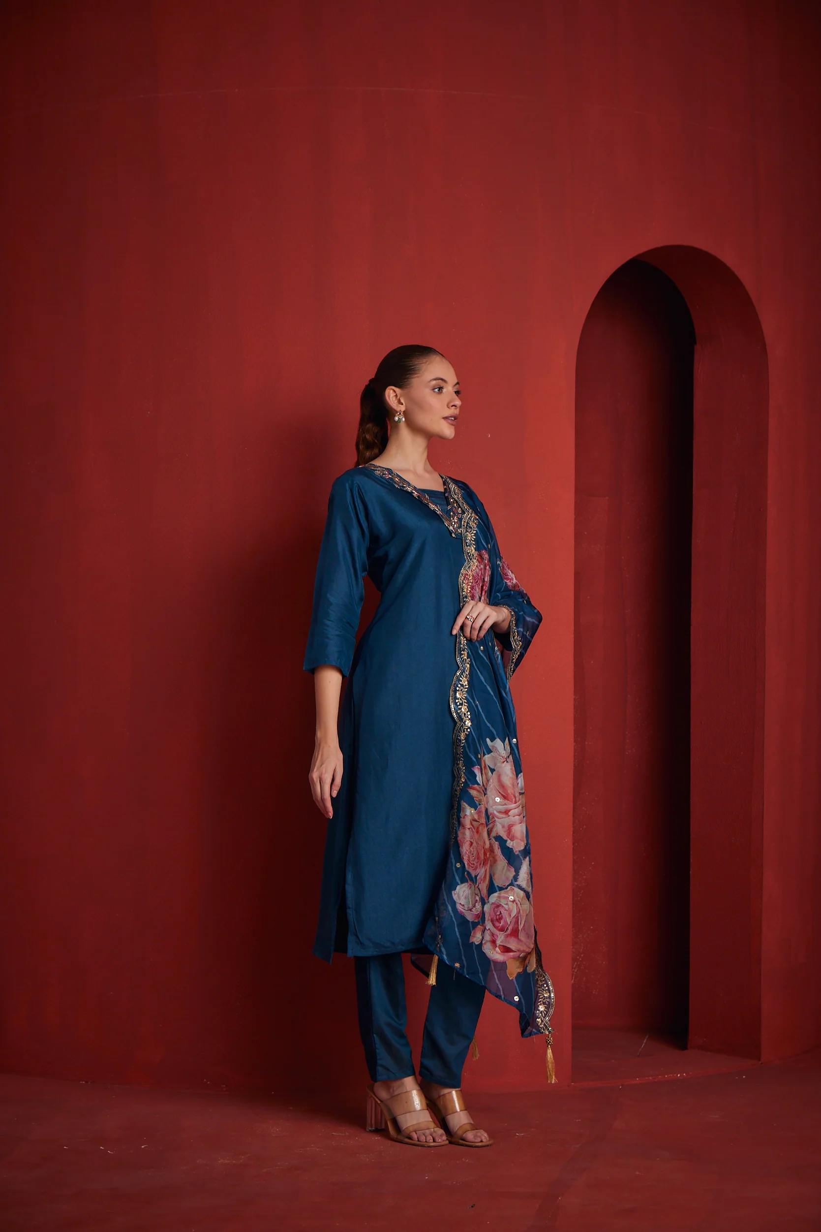 Neerus Blue Regular Straight Solid Kurta And Trousers With Dupatta - Image 3