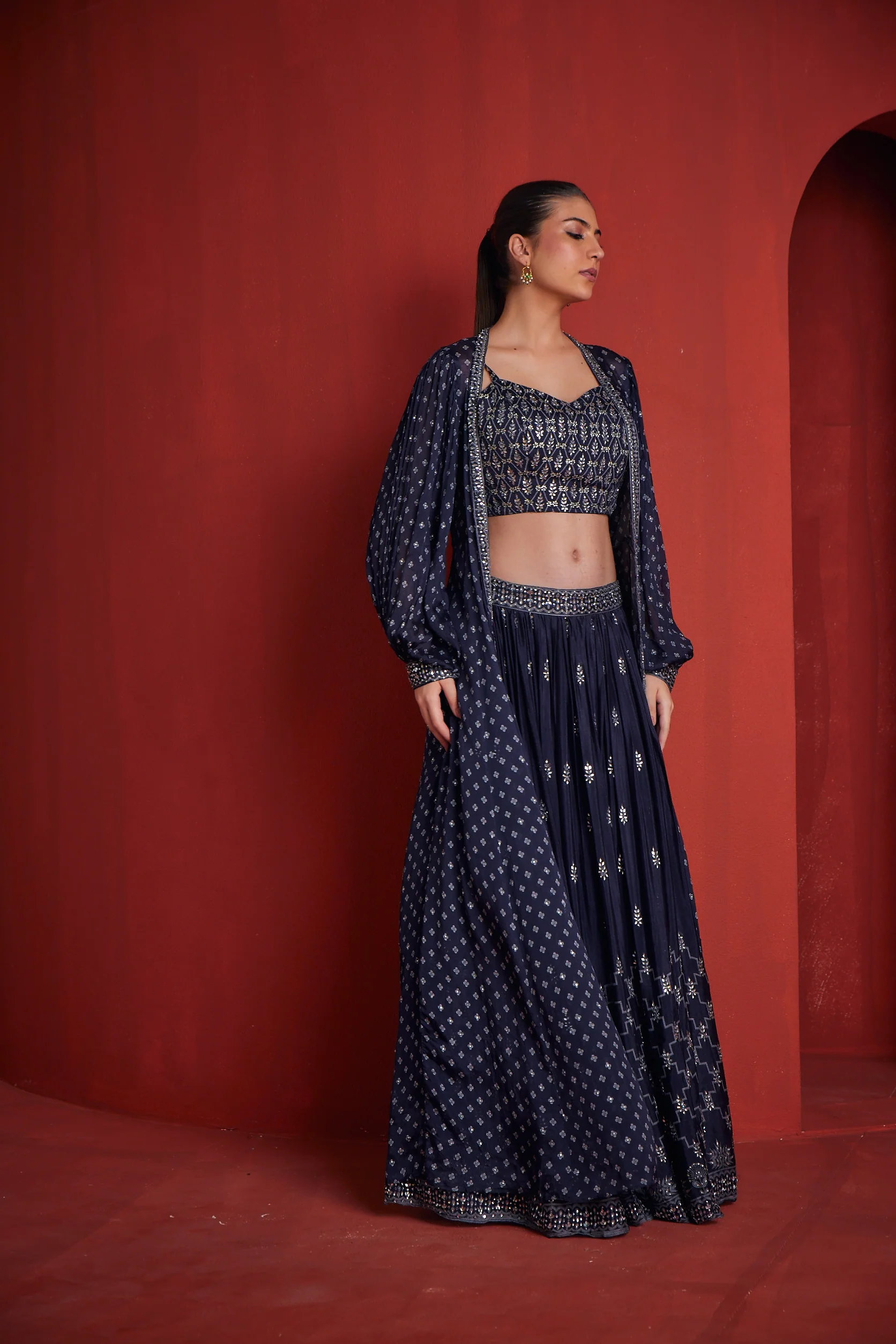 Neerus Womens Navy Blue Crepe Fabric Fusion Suit Set - Image 3